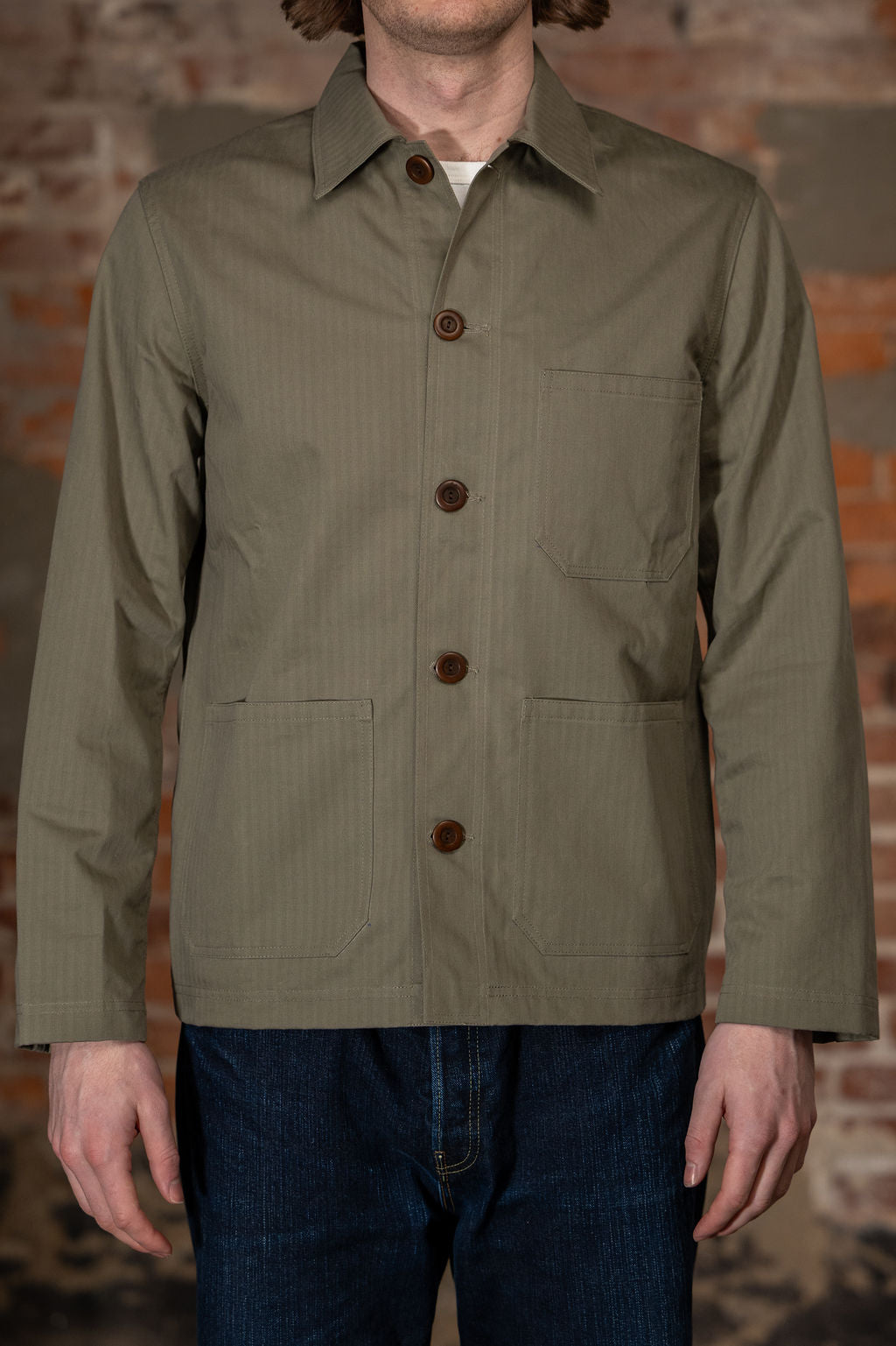 Dehen 1920 Chore Coat - Sage Dry Waxed Cotton. on model front profile
