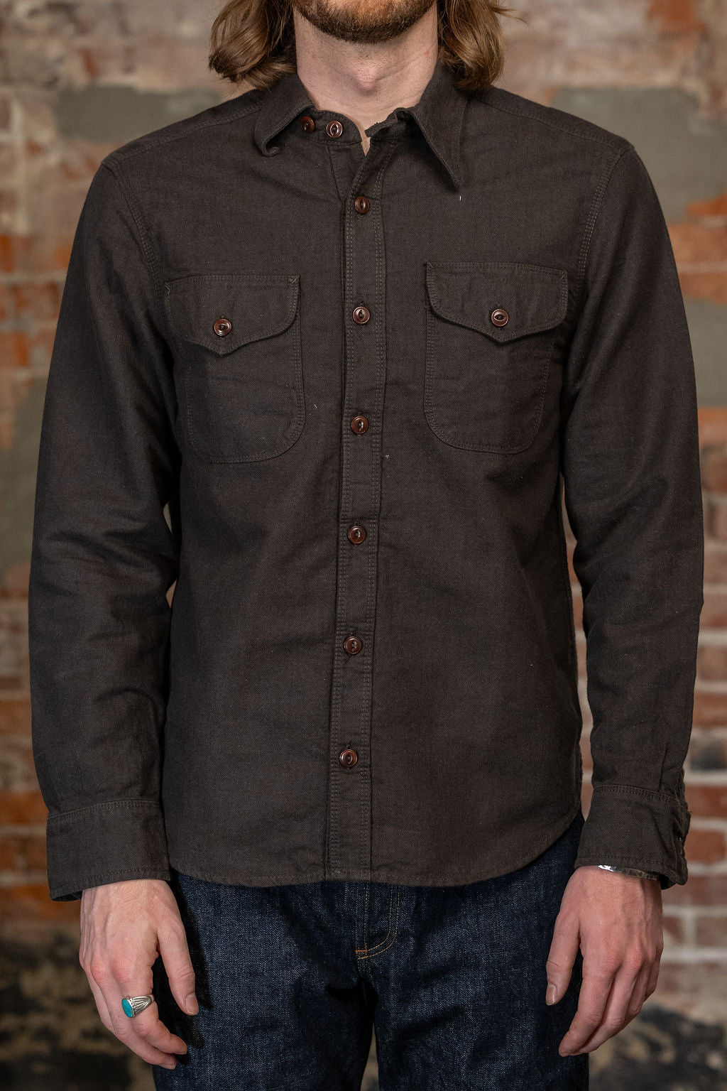 Wells shirt on model. Facing front. 