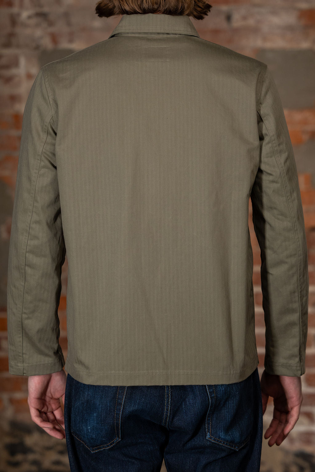 Dehen 1920 Chore Coat - Sage Dry Waxed Cotton.  on model back profile