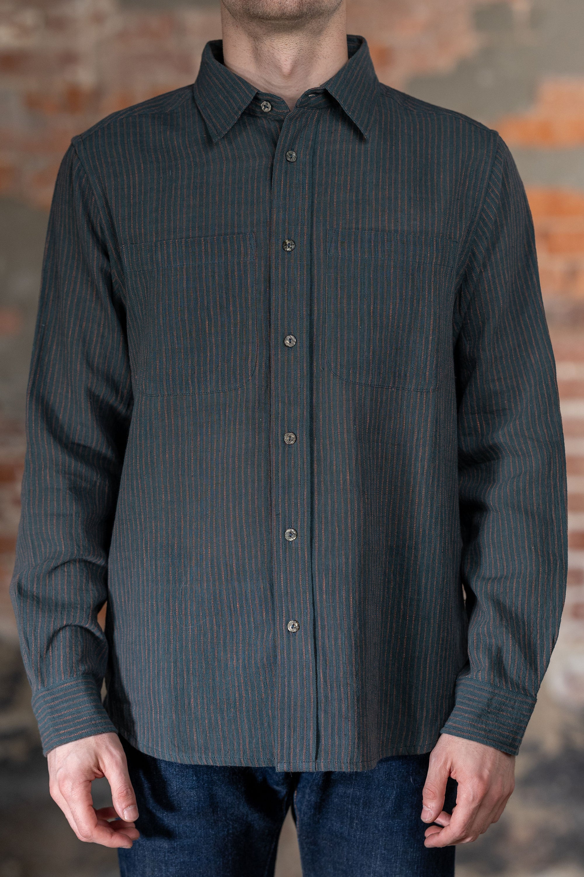 Indi + Ash LS Rios Workshirt - Handwoven Ticking Stripe Kala Cotton Midnight Teal/Iron Black