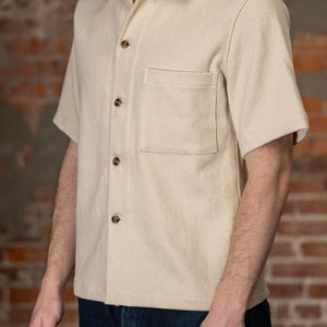 Dehen 1920 Lounge Shirt - Natural Sashi-Ori. on model side profile