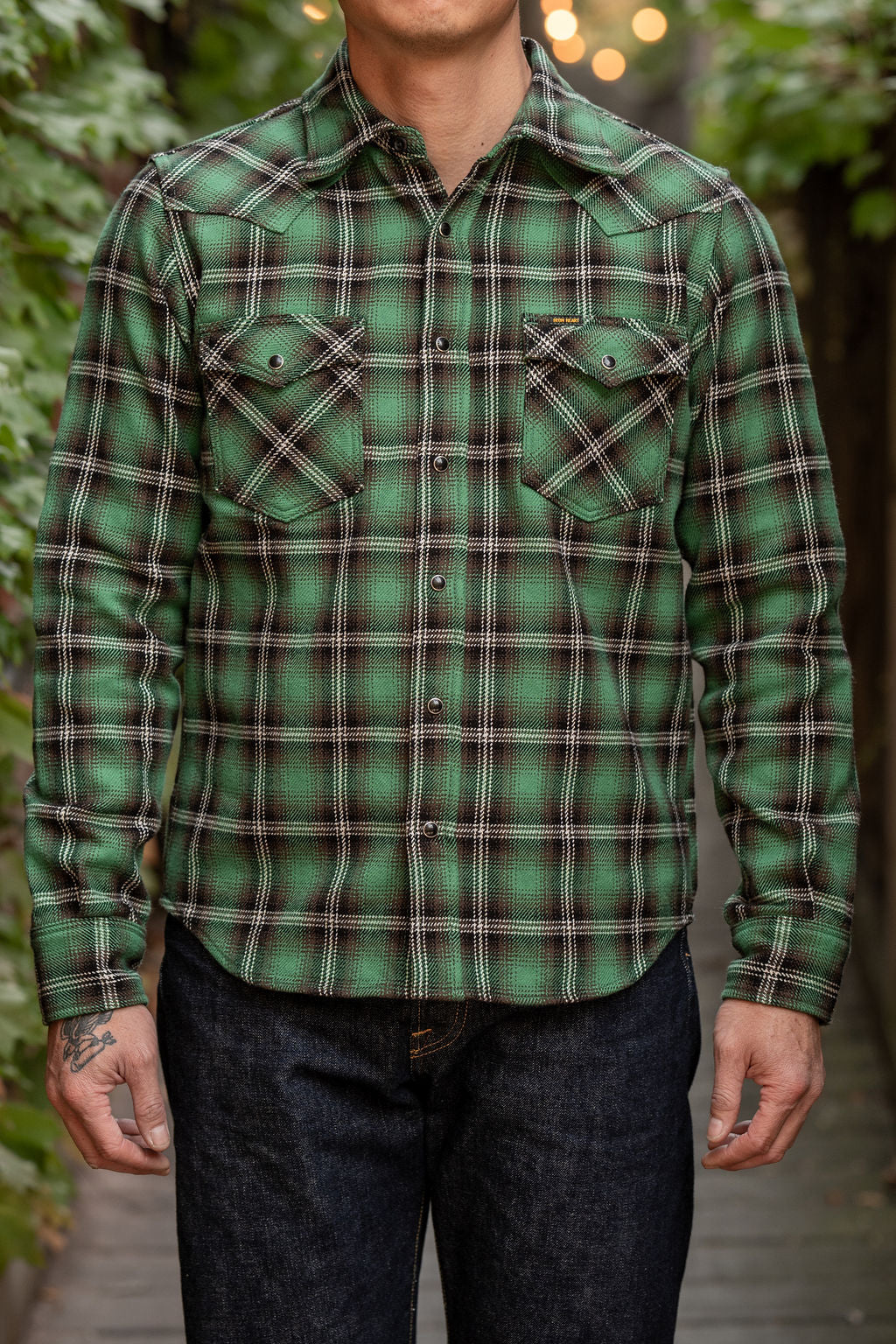 Iron Heart IHSH-405-GRN 12oz Ultra Heavy Flannel Check Western Shirt - Green