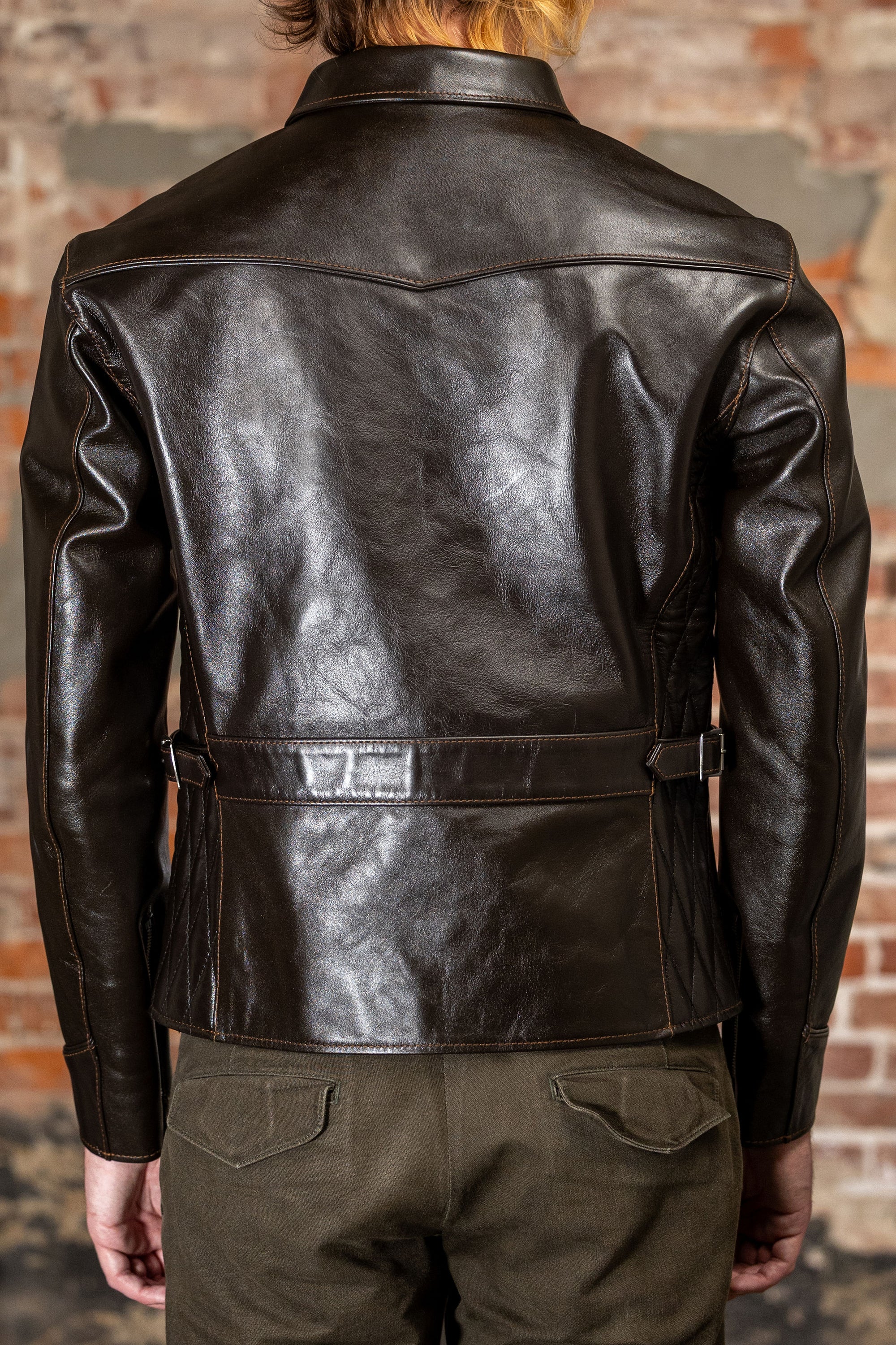 The Flat Head FN-LJ-HS004 Horsehide Quilting Single Riders Jacket - Model back