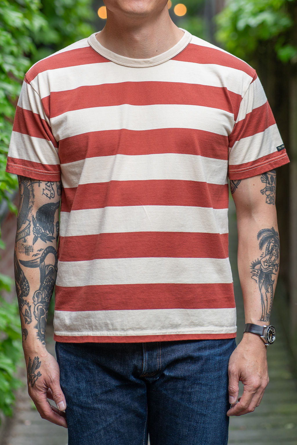 The Flat Head FN-THB-002 Border T-Shirt - Ivory/Red The Flat Head FN-THB-002 Border T-Shirt - Ivory/Red