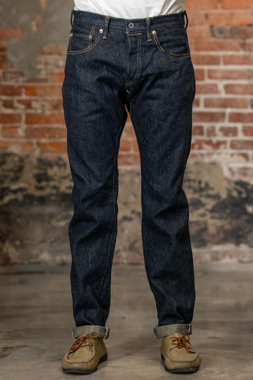 Front view of the  Oni Denim 622-GC15 - 15oz Relaxed Tapered Green Cast Denim