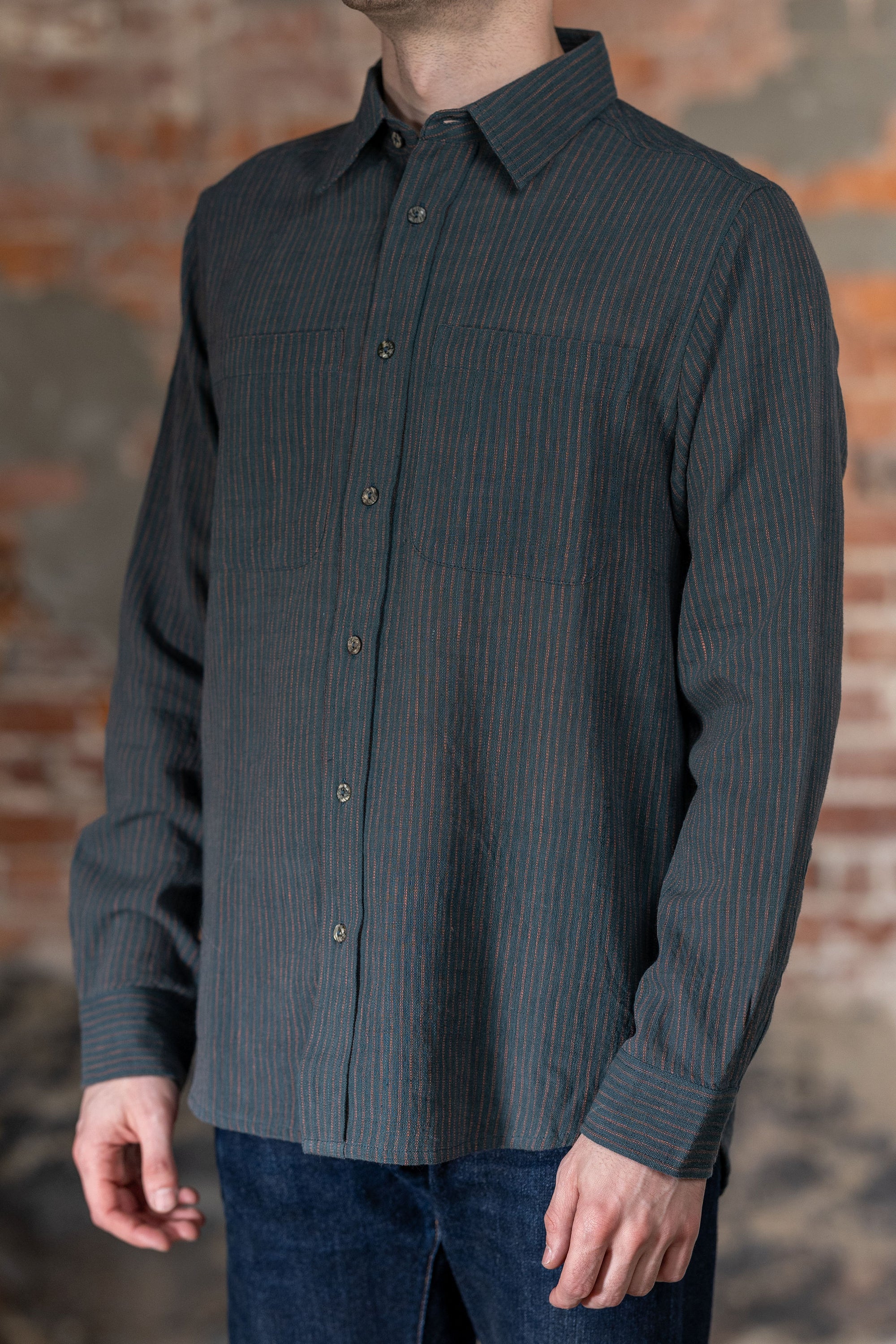 Indi + Ash LS Rios Workshirt - Handwoven Ticking Stripe Kala Cotton Midnight Teal/Iron Black