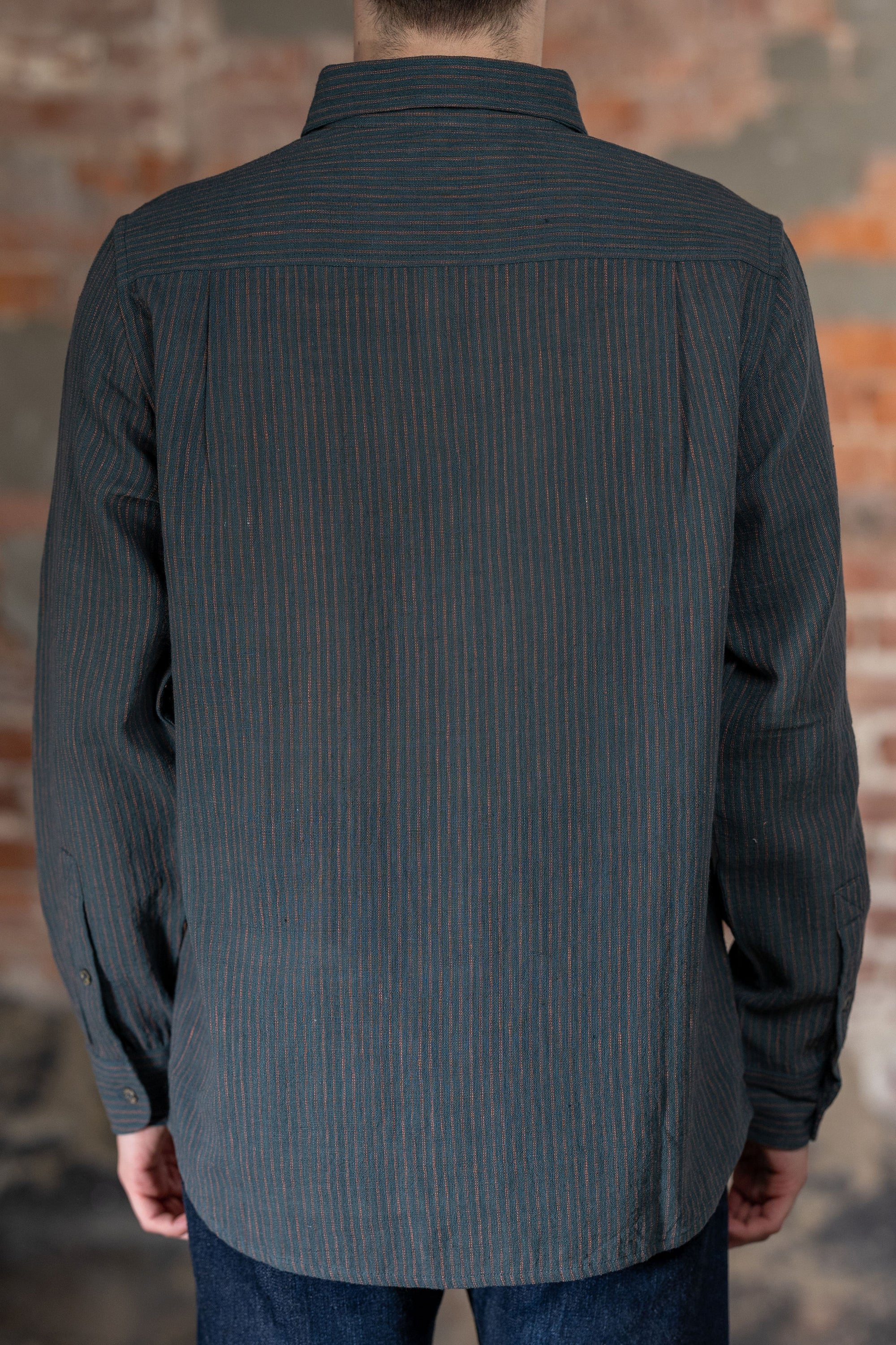 Indi + Ash LS Rios Workshirt - Handwoven Ticking Stripe Kala Cotton Midnight Teal/Iron Black