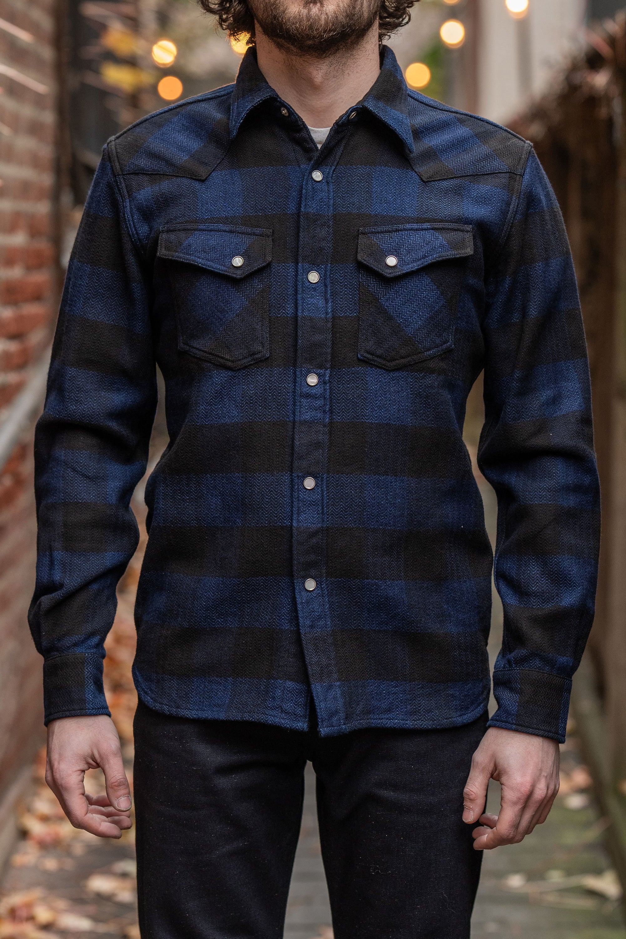 The Flat Head FN-SNW-101SP Block Check Flannel Western Shirt - Indigo