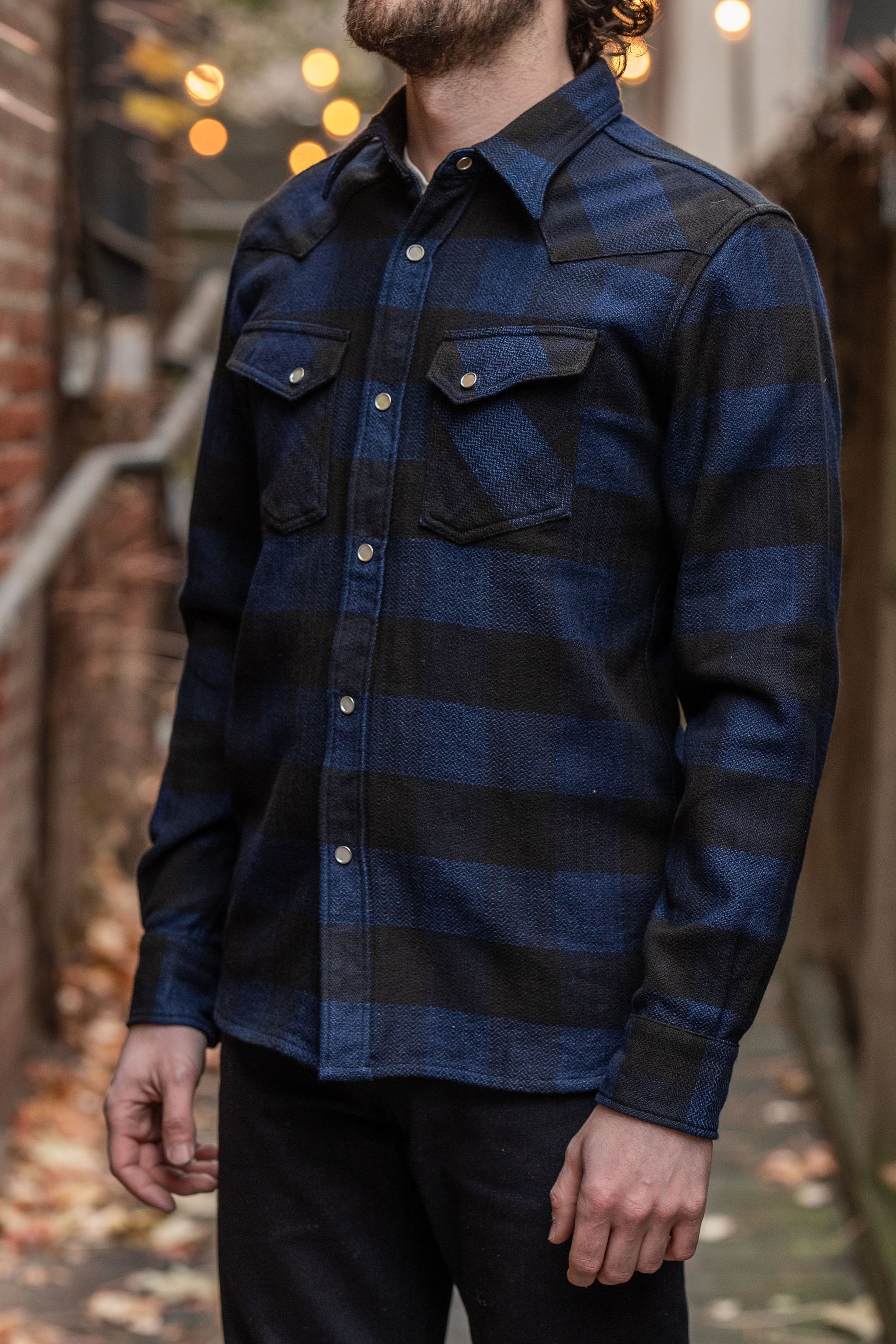 The Flat Head FN-SNW-101SP Block Check Flannel Western Shirt - Indigo