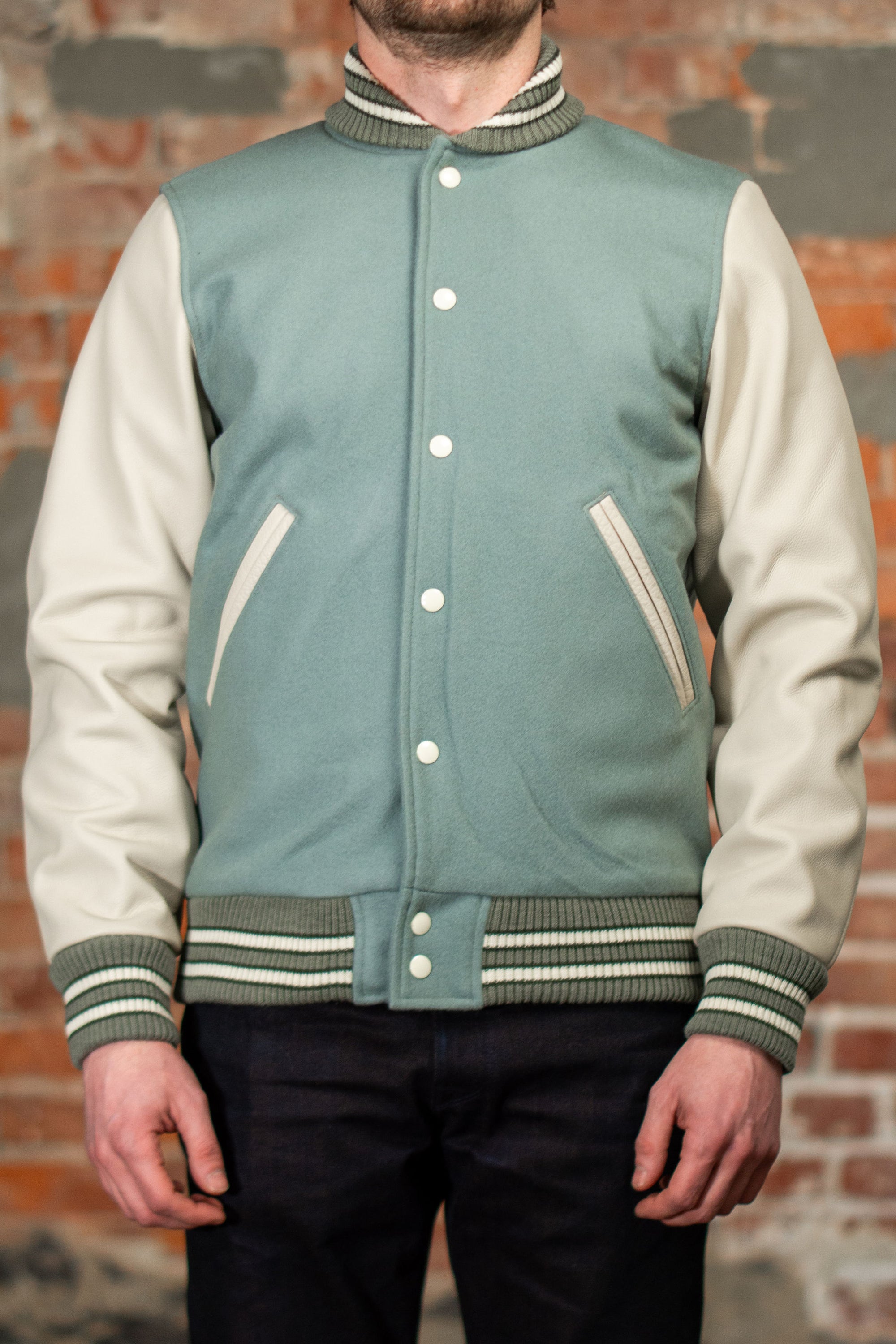 Dehen 1920 Varsity Jacket - Reef Wool / Milk Leather