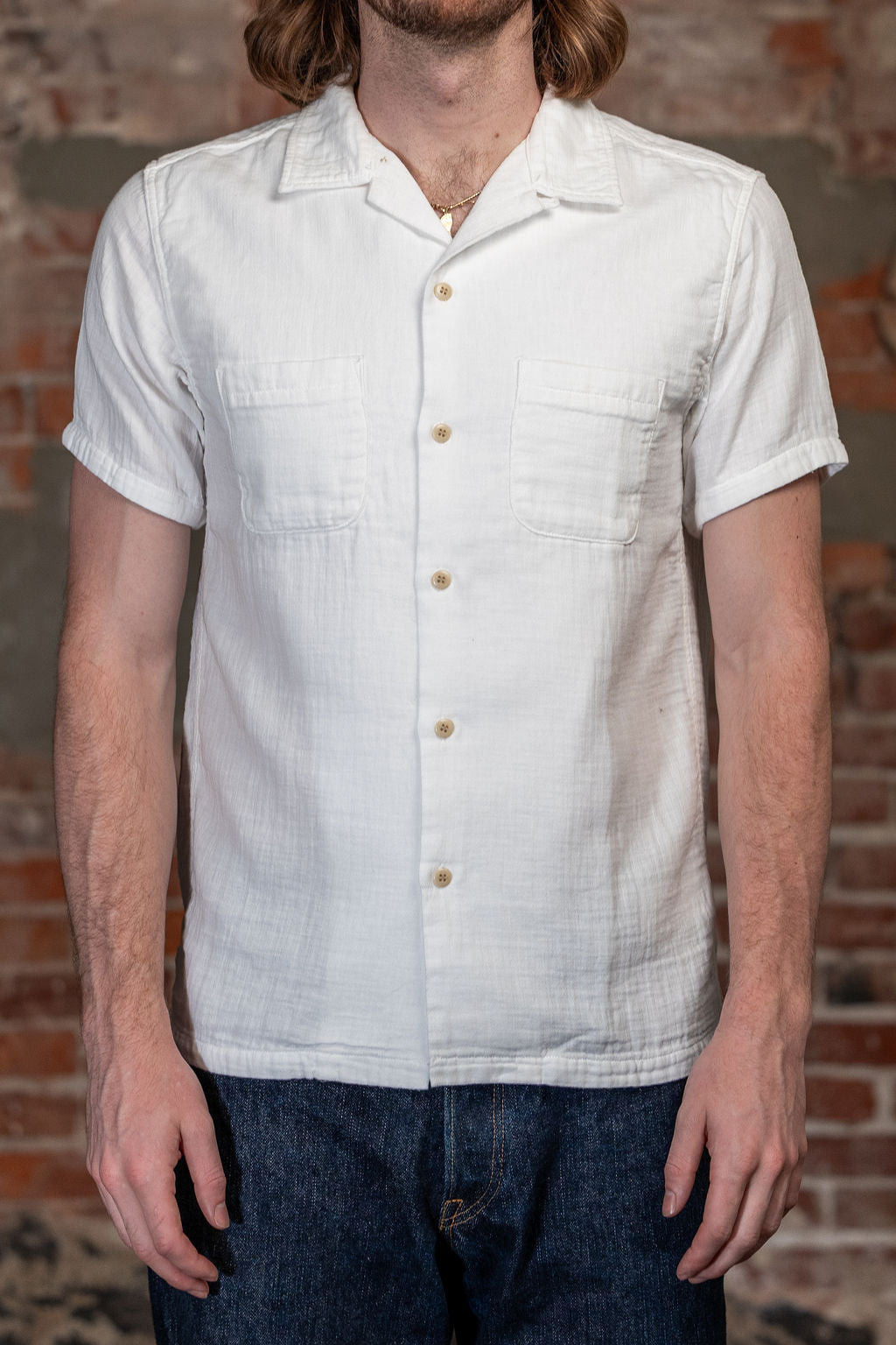 UES Herringbone Double Gauze Short Sleeve Shirt - White