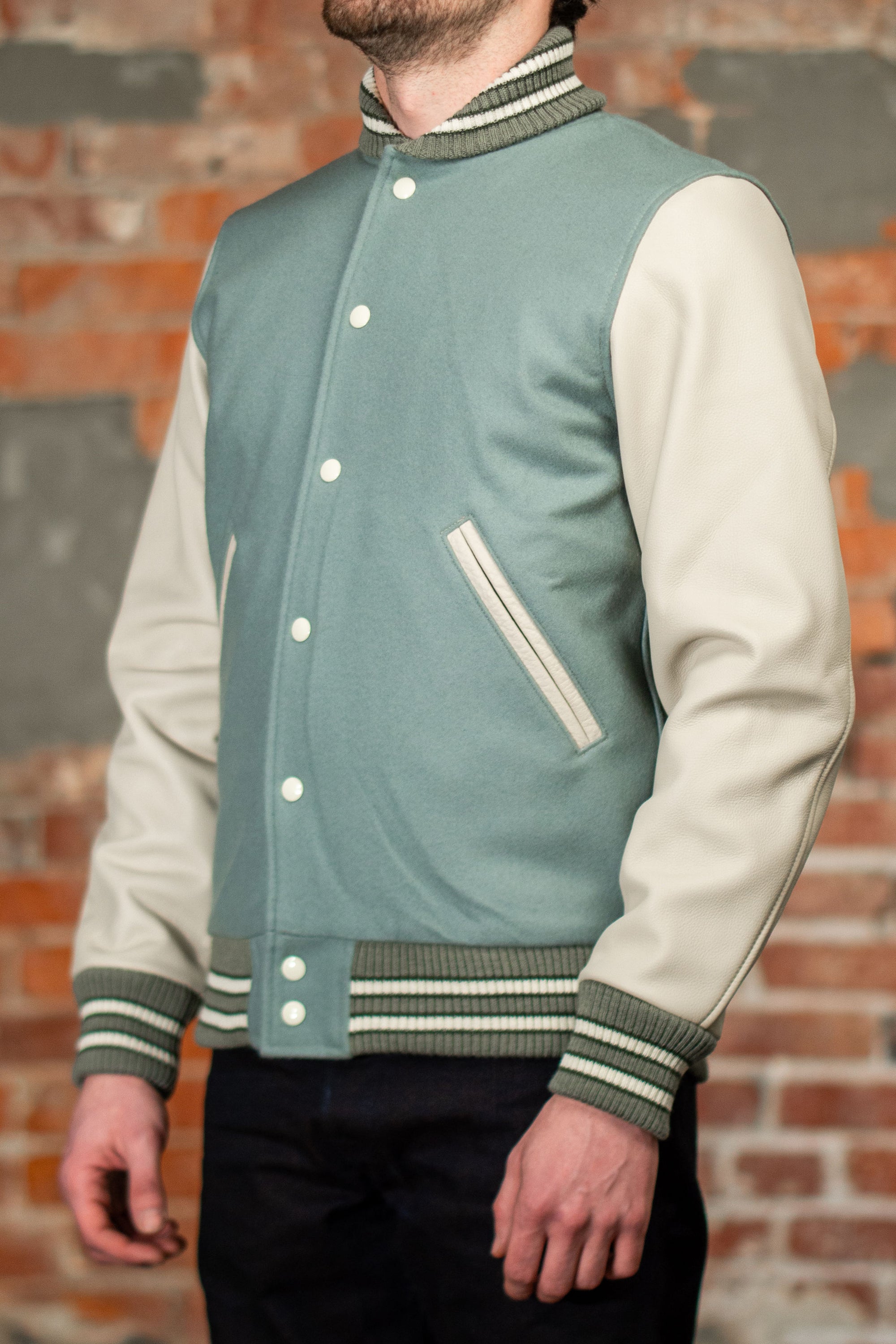 Dehen 1920 Varsity Jacket - Reef Wool / Milk Leather