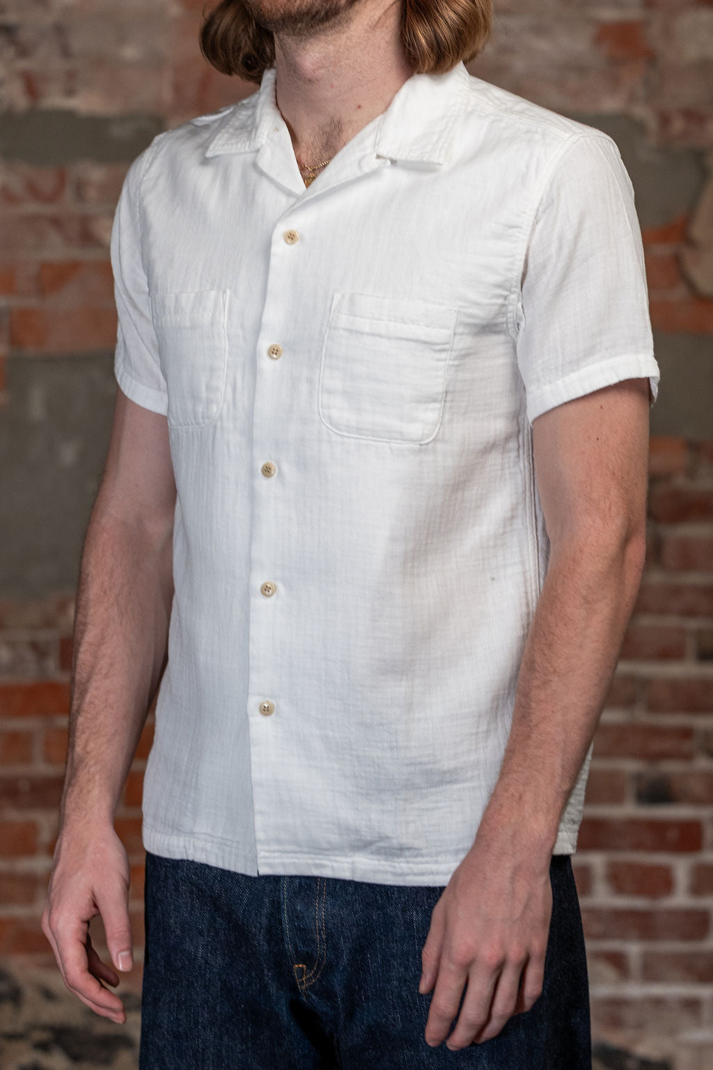 UES Herringbone Double Gauze Short Sleeve Shirt - White