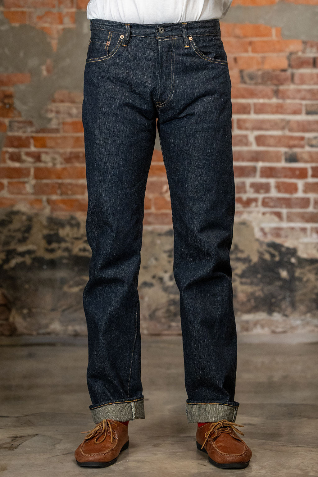 Front view of the Oni Denim 288-GC15 - 15oz Regular Straight Green Cast Denim