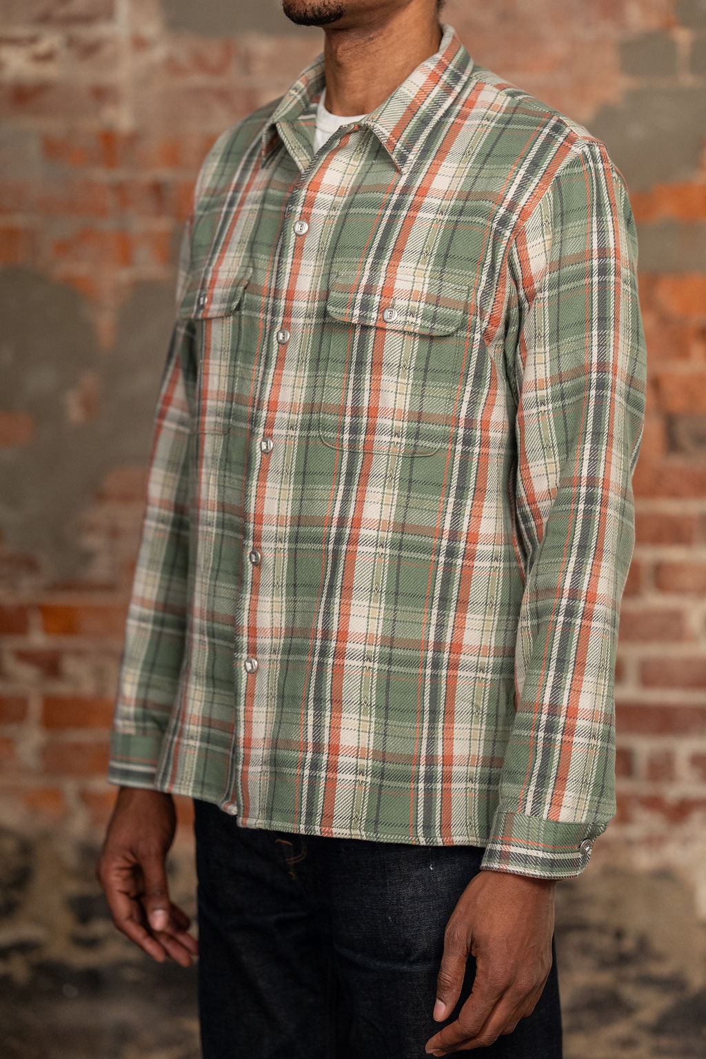 Indigofera Webster - 7.3oz Jacquard Flannel Green/Beige Check