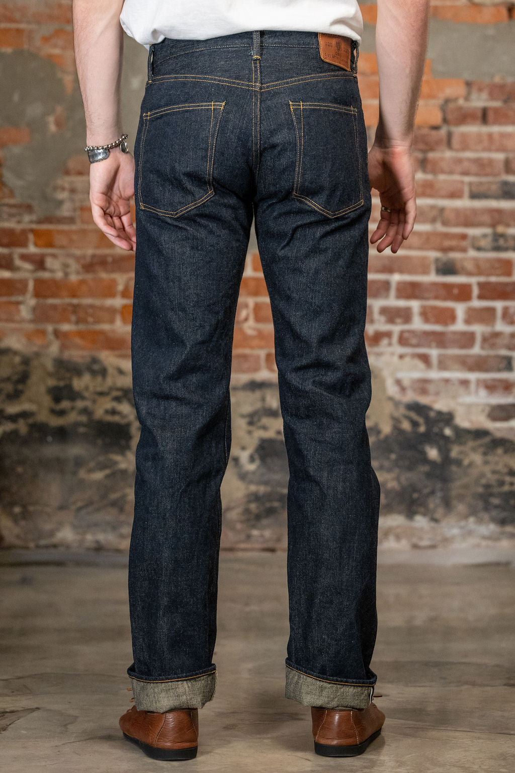 Rear view of the Oni Denim 288-GC15 - 15oz Regular Straight Green Cast Denim