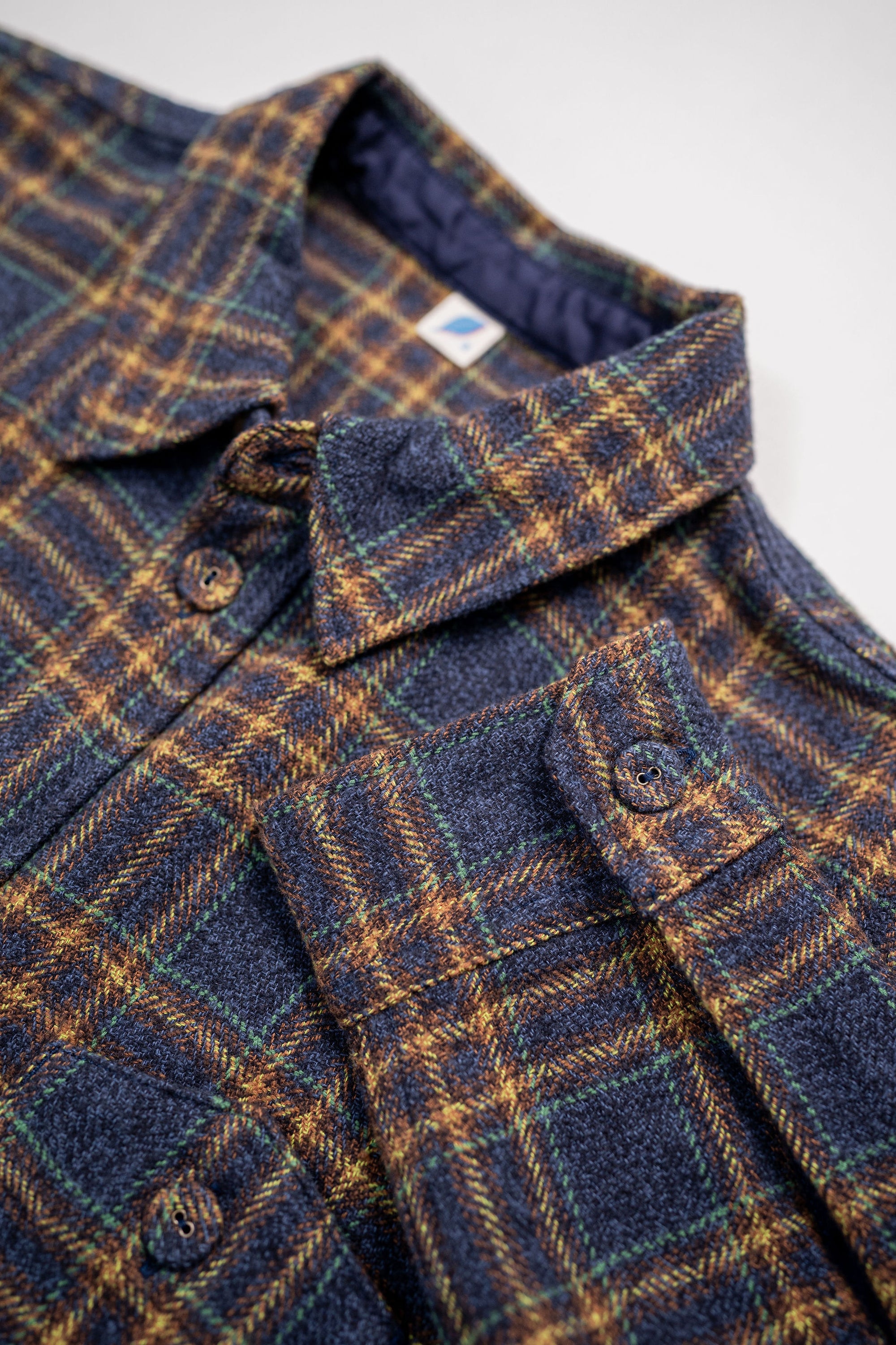 Pure Blue Japan 2229-NV Tweed Check Double Pocket Shirt - Navy