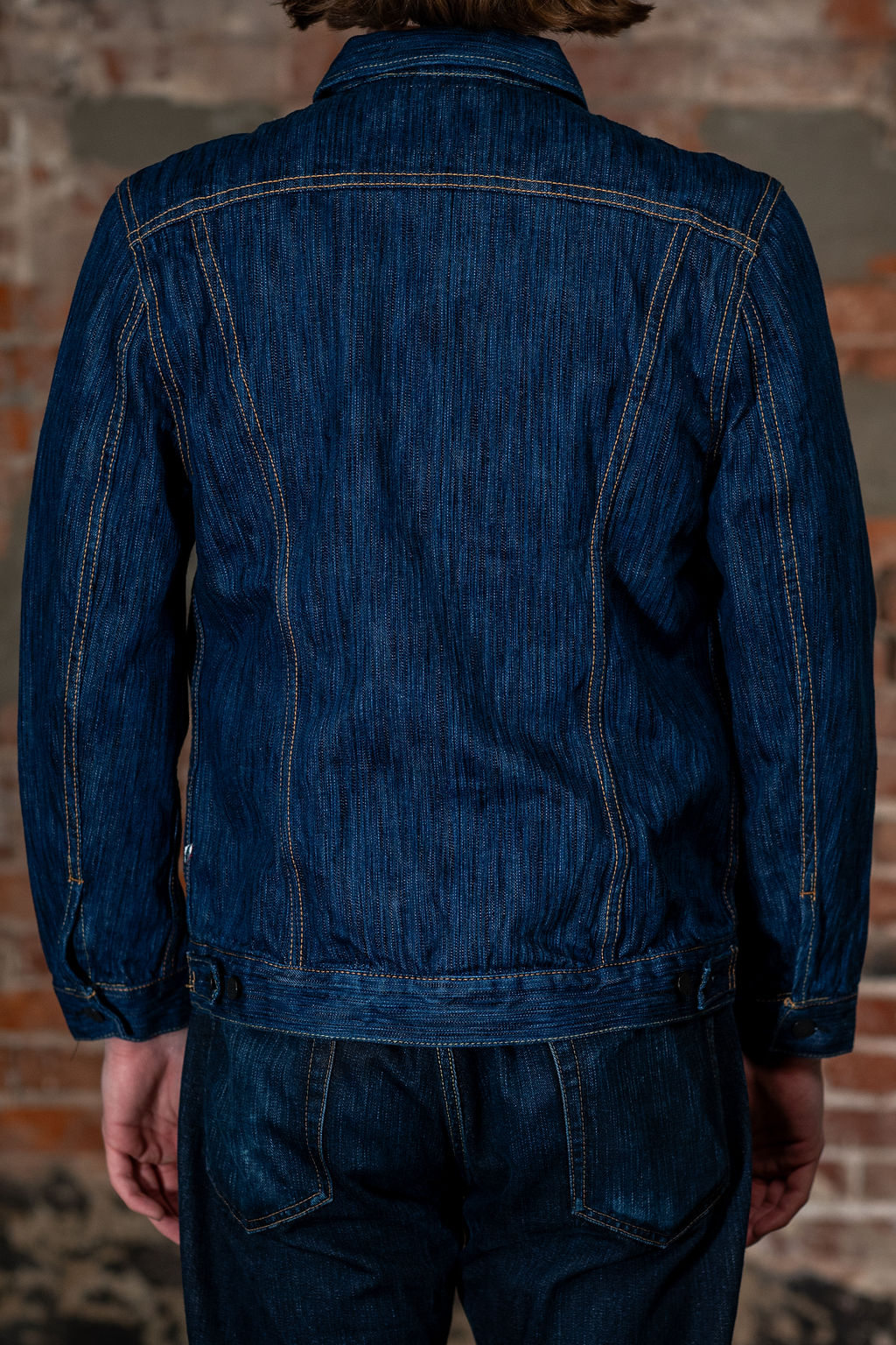 Pure Blue Japan 6225-L Waterfall Denim Type 2 Jacket - Light Indigo. on model back profile
