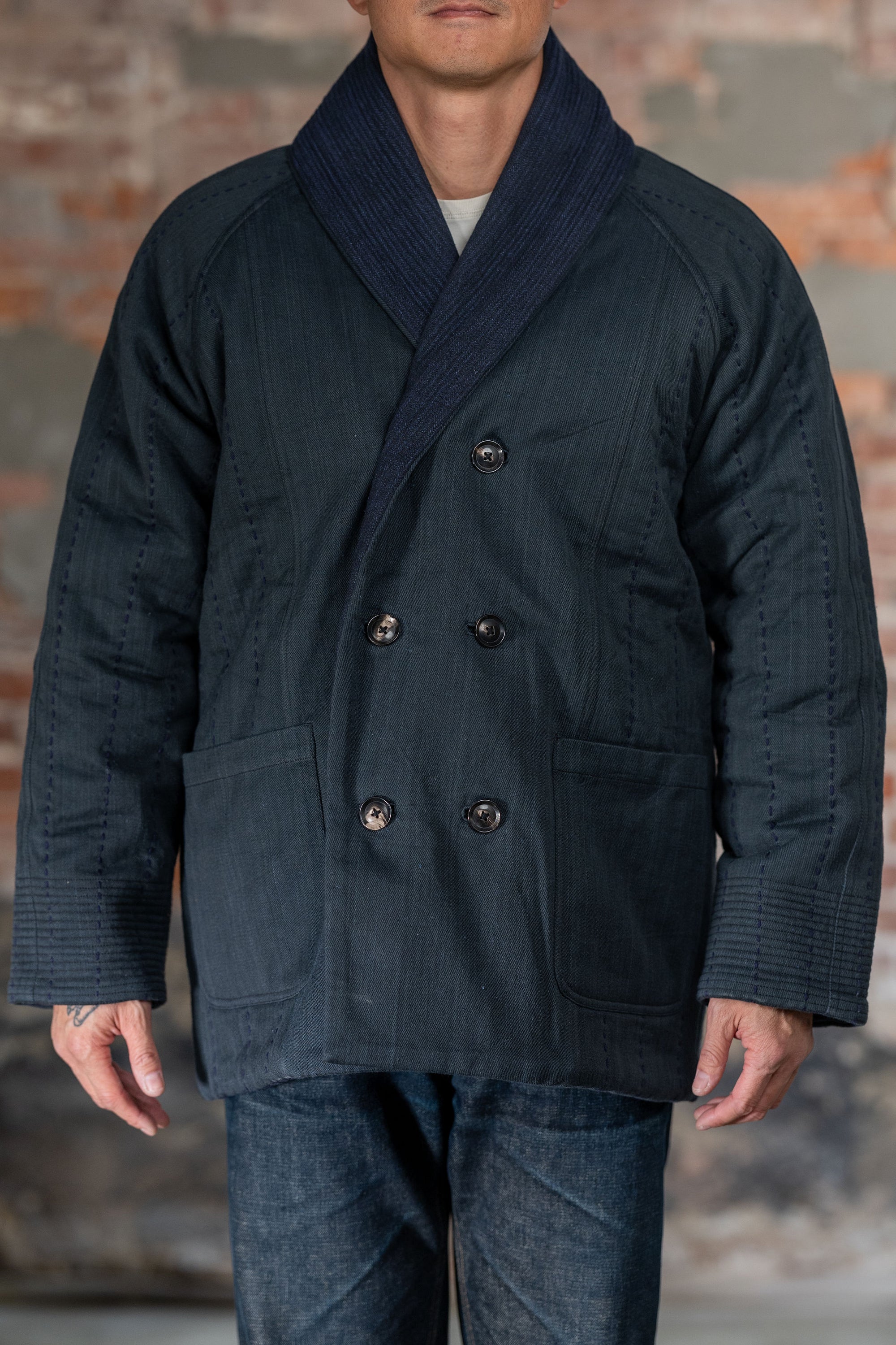 Indi + Ash Reversible Morning Shawl Overcoat - Iron/Indigo Handwoven Denim/Embroidered Military Herringbone
