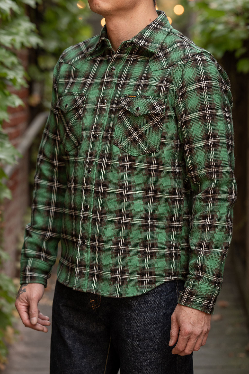 Iron Heart IHSH-405-GRN 12oz Ultra Heavy Flannel Check Western Shirt - Green