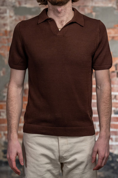 Merz b. Schwanen KNITPOLO02 1962 Cotton Polo Shirt - Chocolate