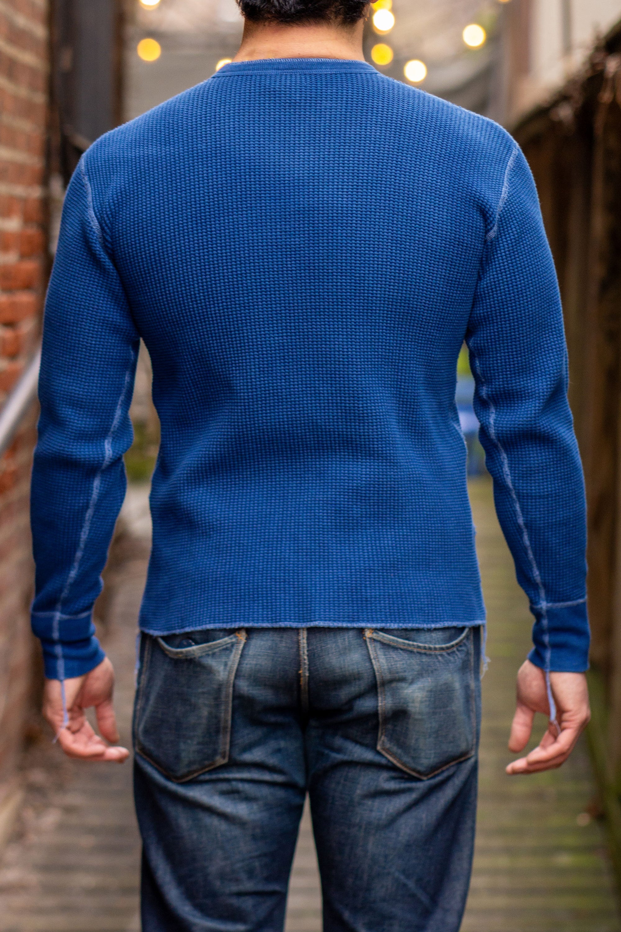 Iron Heart IHTL-1213-IND Waffle Knit Long Sleeved Thermal Henley - Indigo Dyed