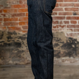 Side view of the  Oni Denim 622-GC15 - 15oz Relaxed Tapered Green Cast Denim