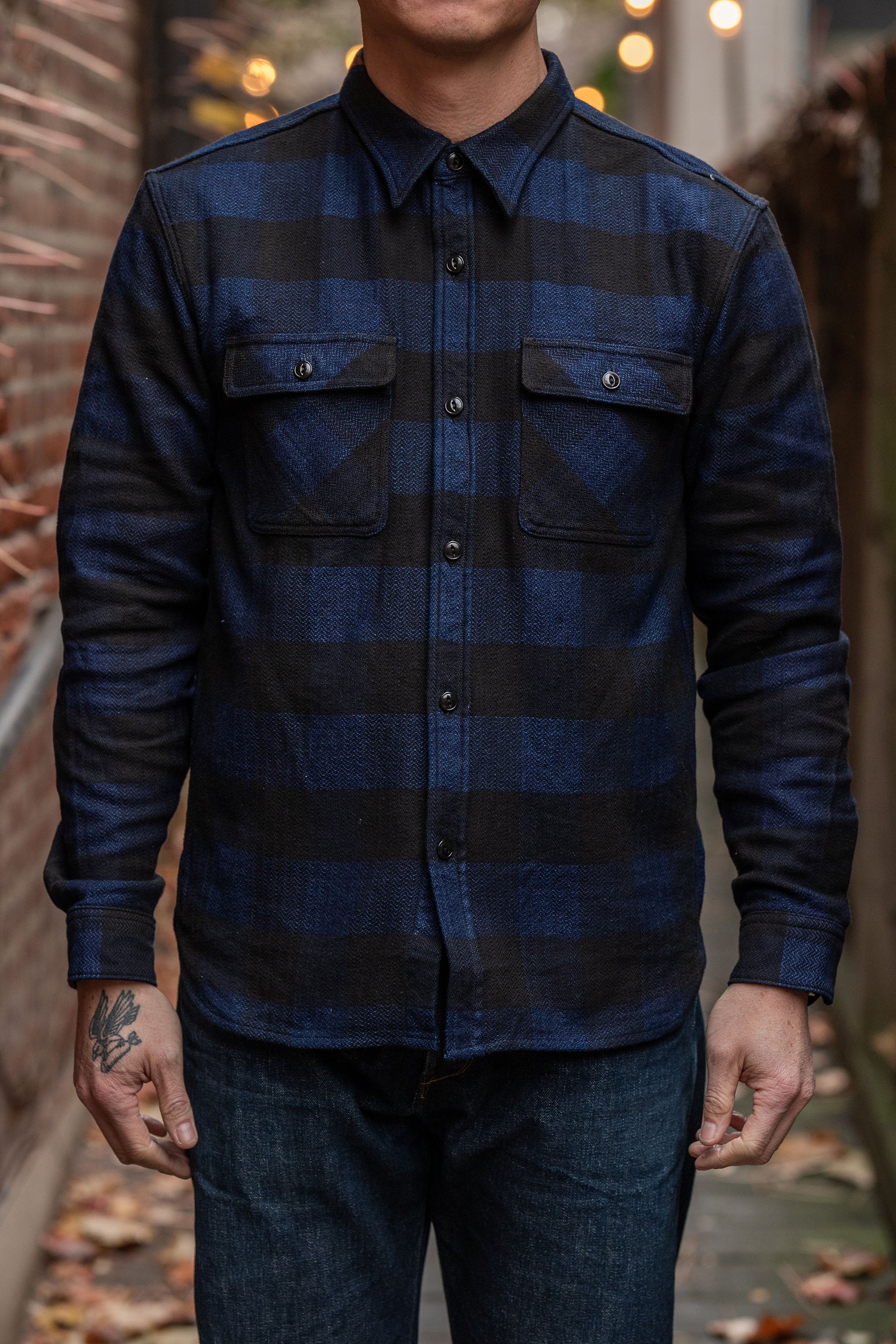 The Flat Head FN-SNR-101SP Block Check Flannel Work Shirt - Indigo