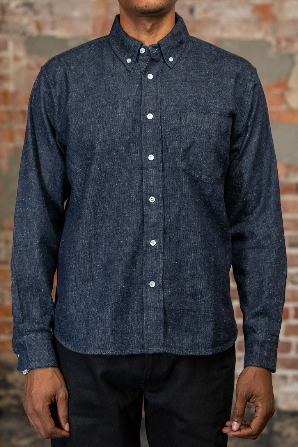 Front view of the 3sixteen Denim Button Down in Snow Slub Denim