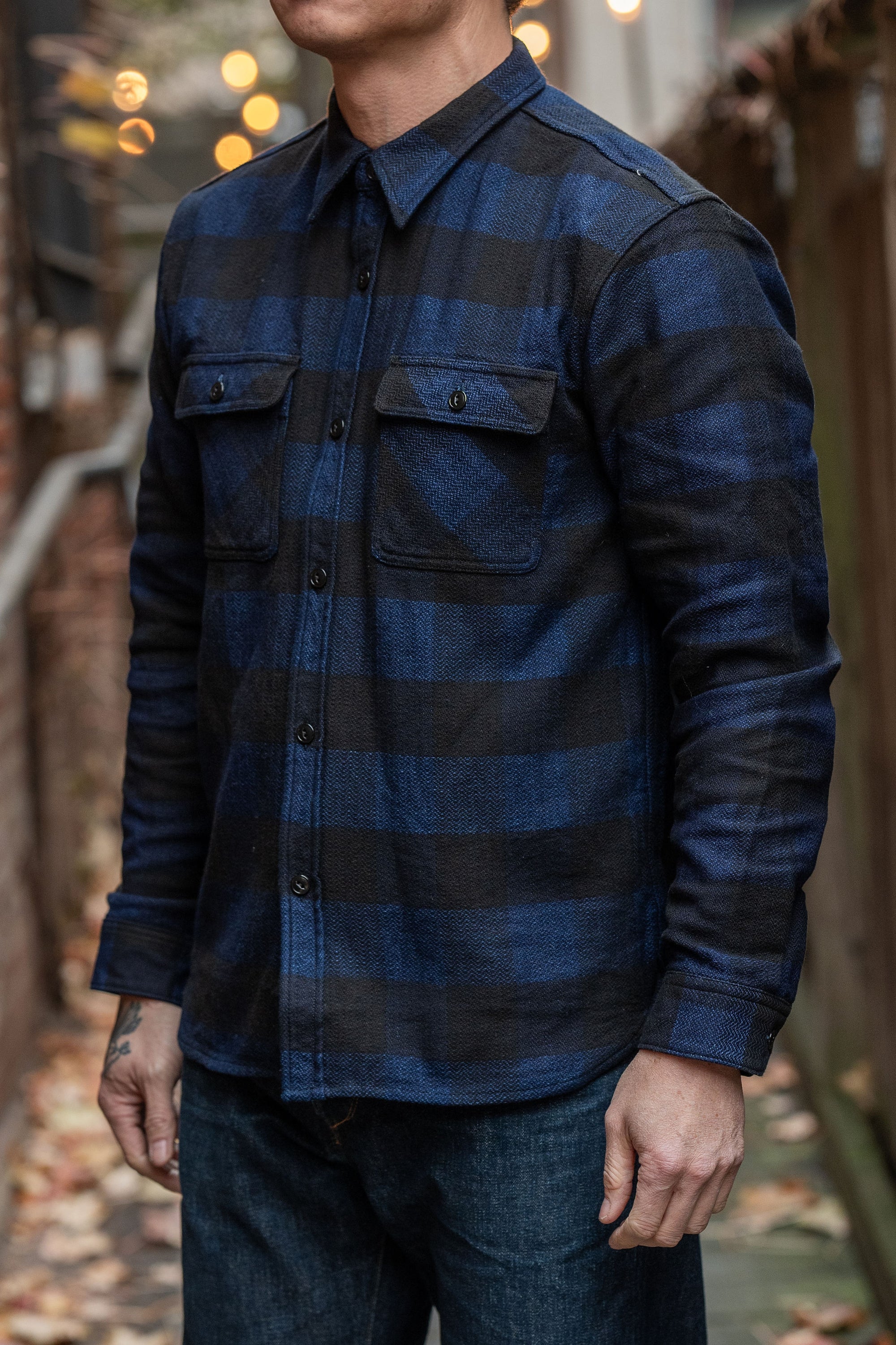 The Flat Head FN-SNR-101SP Block Check Flannel Work Shirt - Indigo