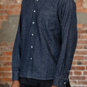 Side view of the 3sixteen Denim Button Down in Snow Slub Denim