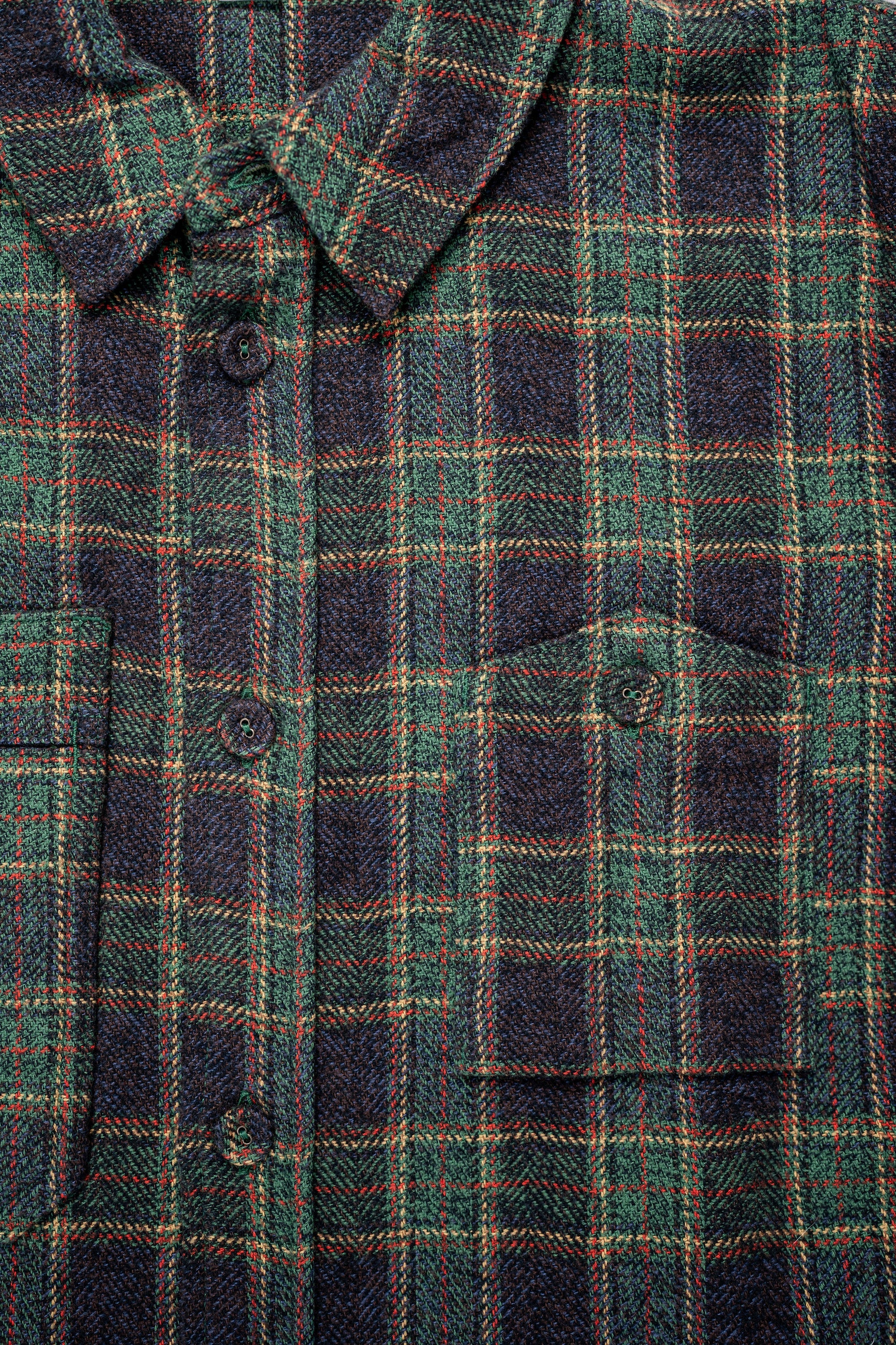 Pure Blue Japan 2229-GR Tweed Check Double Pocket Shirt - Green