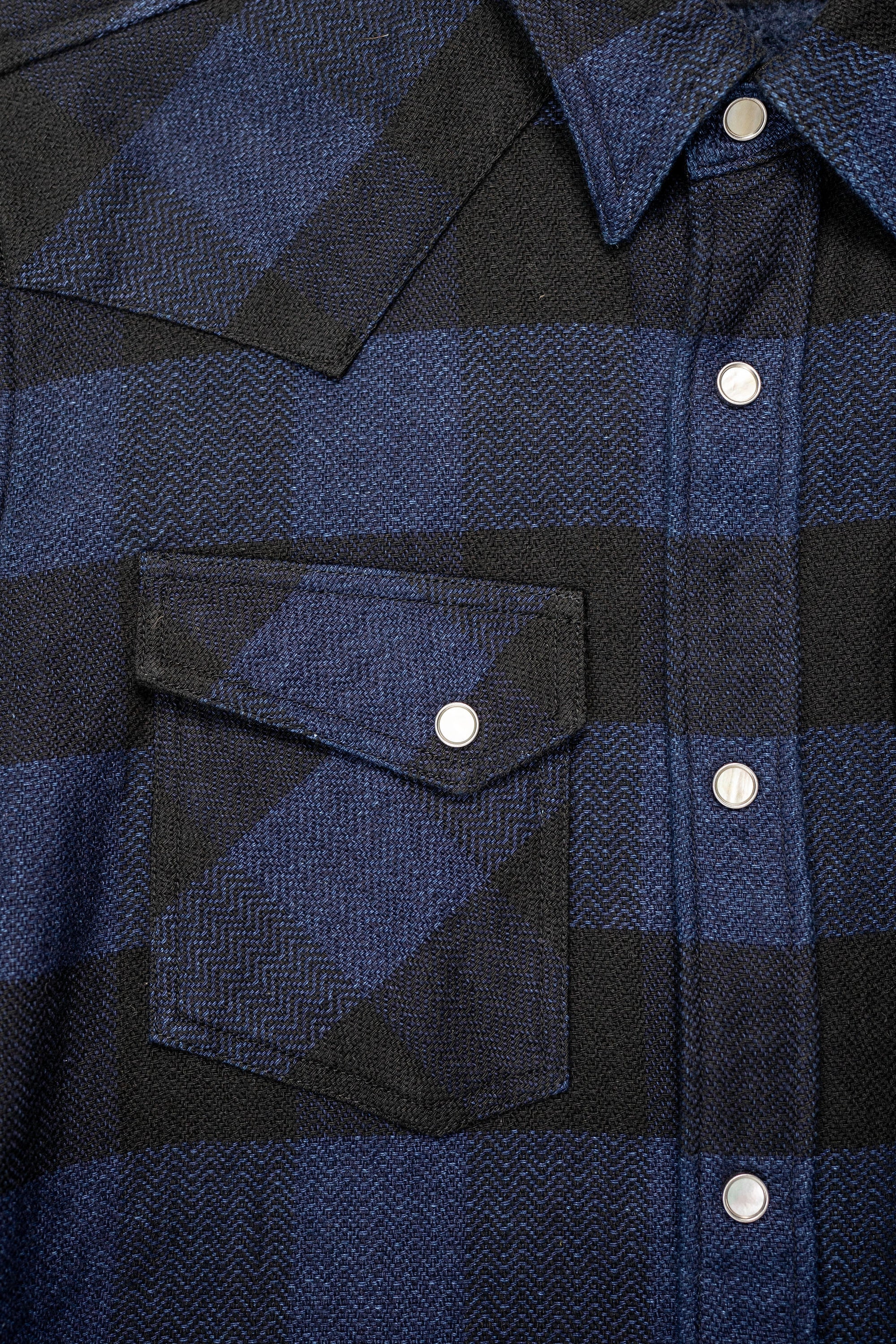 The Flat Head FN-SNW-101SP Block Check Flannel Western Shirt - Indigo