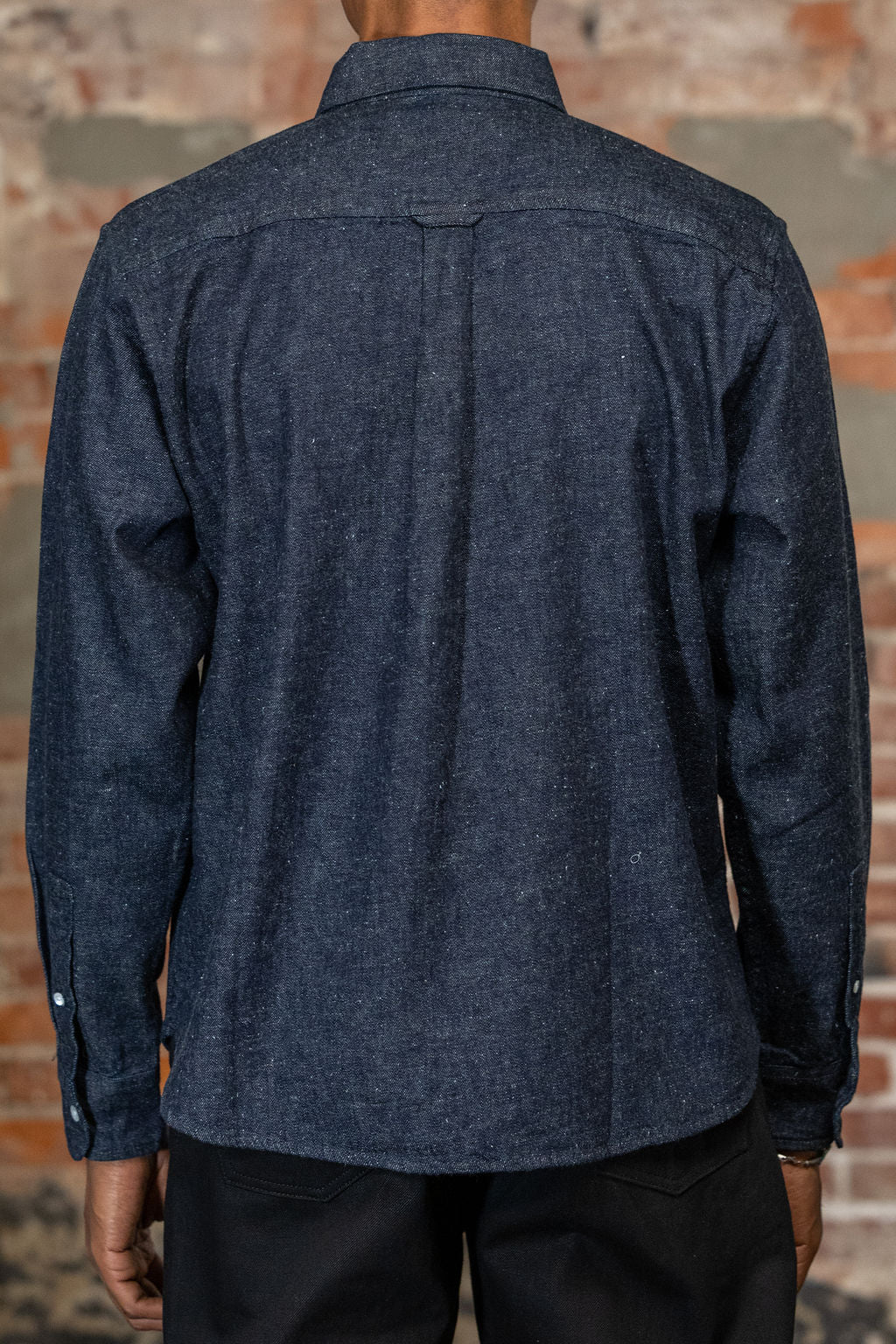 Rear view of the 3sixteen Denim Button Down in Snow Slub Denim