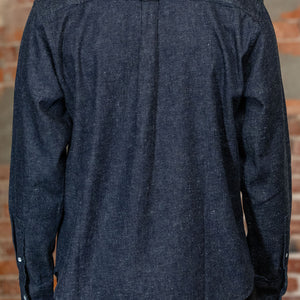 Rear view of the 3sixteen Denim Button Down in Snow Slub Denim