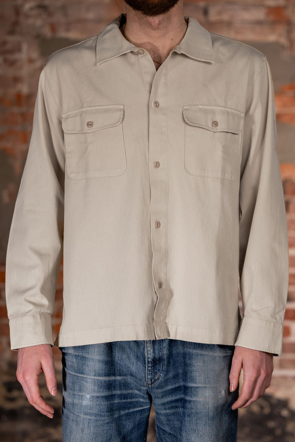 Merz b. Schwanen SHIRT06RT Worker's Cotton Twill Long Sleeve Shirt - Light Khaki