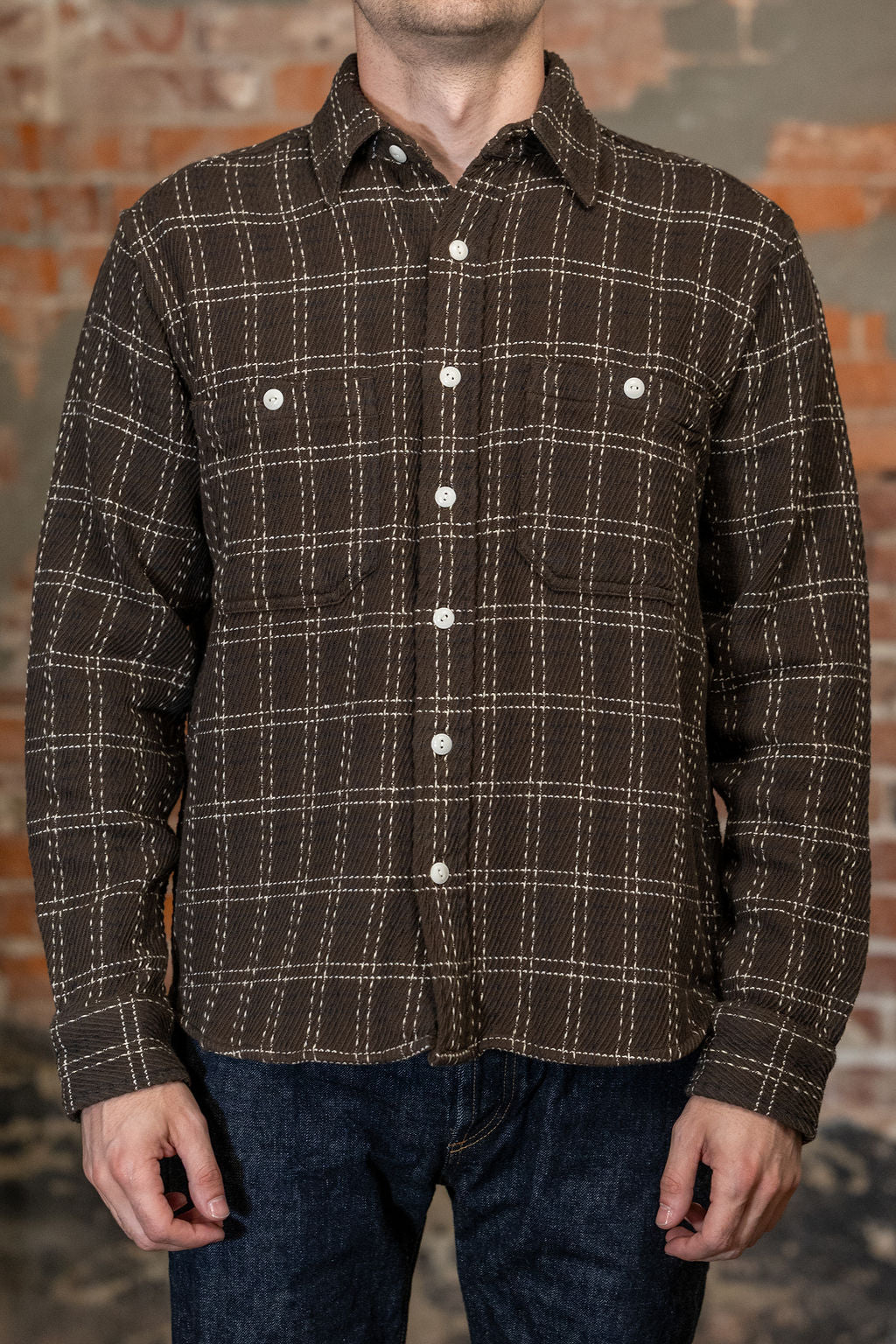 Front view of the  3sixteen Utility Flannel in Espresso Twill Check