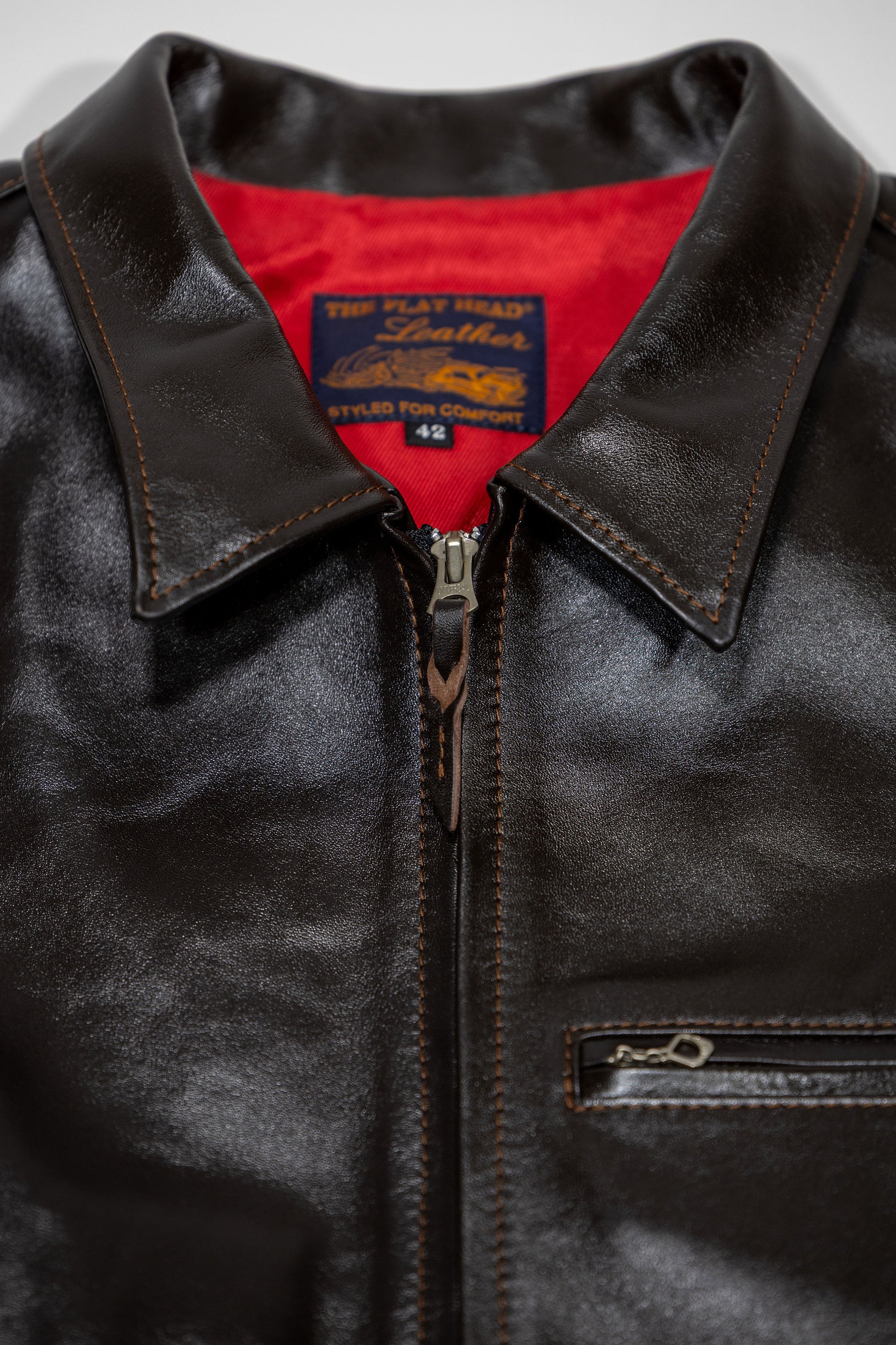 The Flat Head FN-LJ-HS004 Horsehide Quilting Single Riders Jacket - Collar