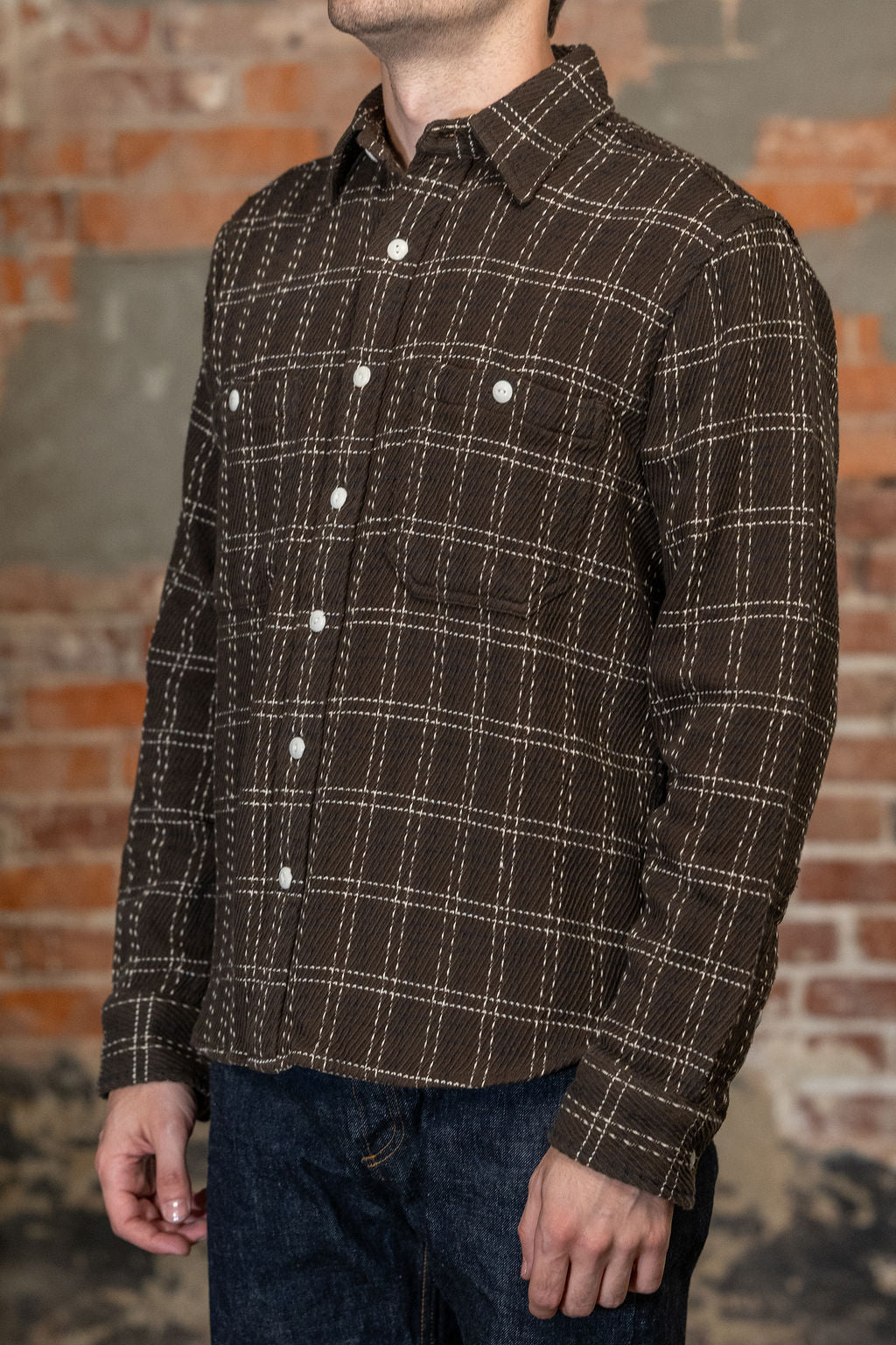 Side view of the  3sixteen Utility Flannel in Espresso Twill Check