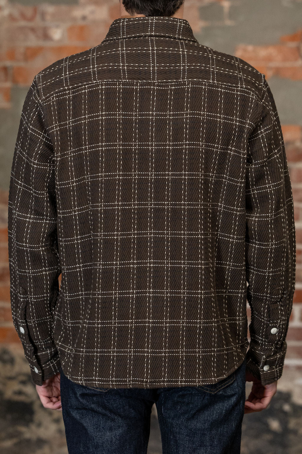 Rear view of the  3sixteen Utility Flannel in Espresso Twill Check