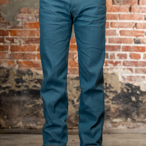 Light blue denim jeans straight cut front view on model