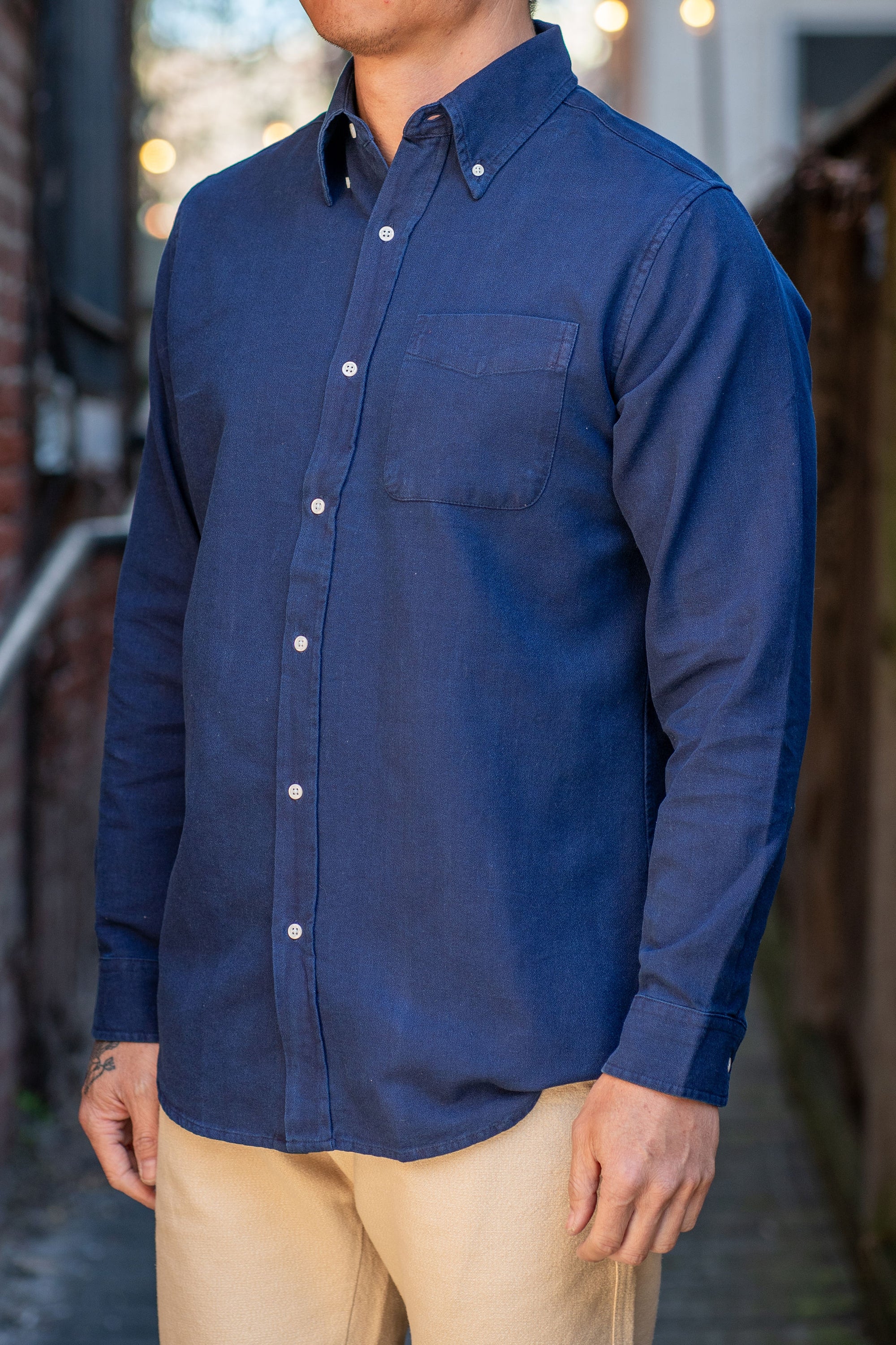 Wythe Indigo Yarn Dyed Sateen Button Down Shirt - Rinsed Indigo