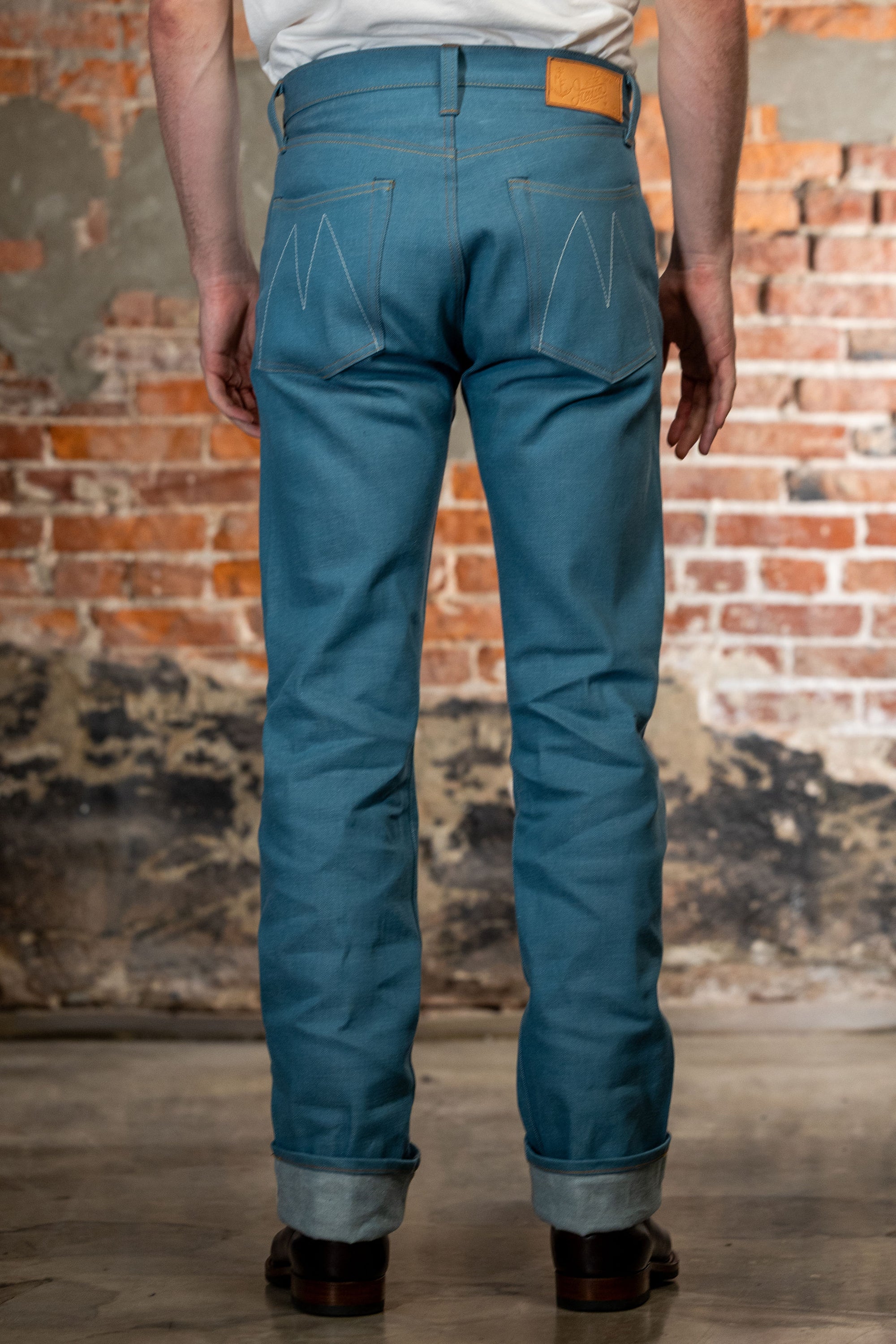 Light blue denim jeans straight cut back view on model