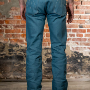 Light blue denim jeans straight cut back view on model