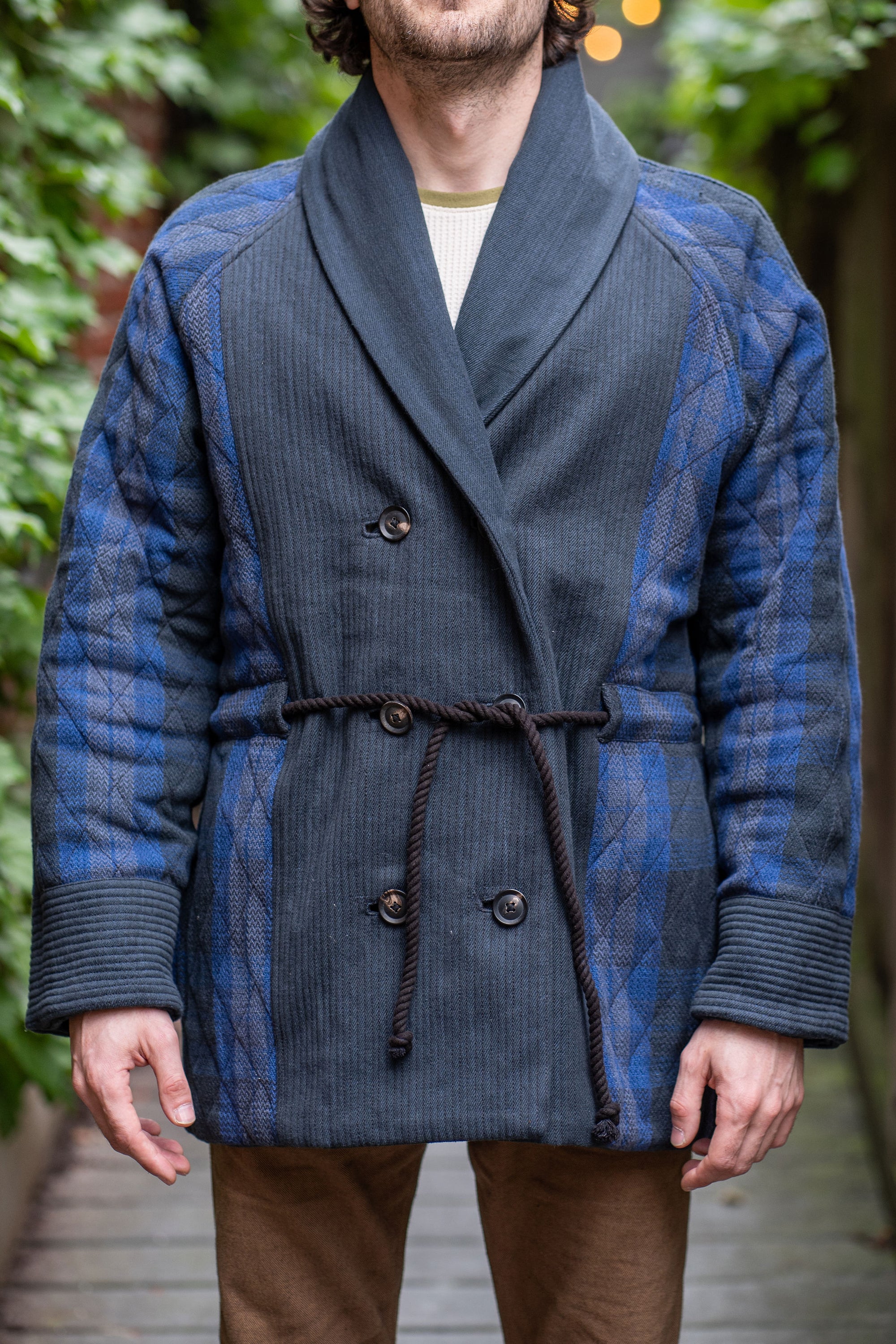 Indi + Ash Reversible Shawl Overcoat - Iron/Indigo Handwoven Denim/Plaid