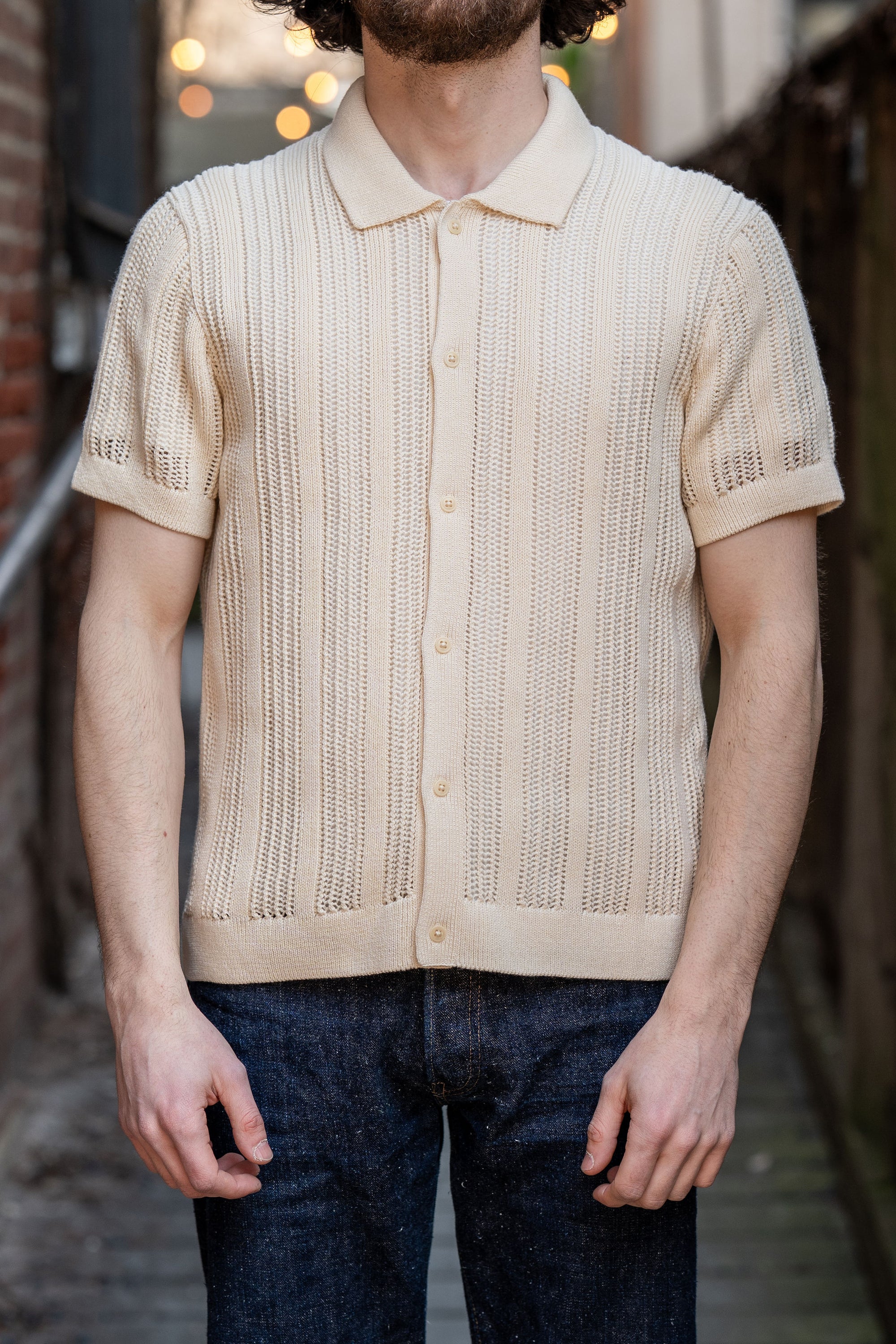 3sixteen Short Sleeve Knit Shirt - Ecru Mesh Stripe