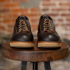 White's Boots x Franklin & Poe LTT Oxford - Brown Dress on wooden tool from the front