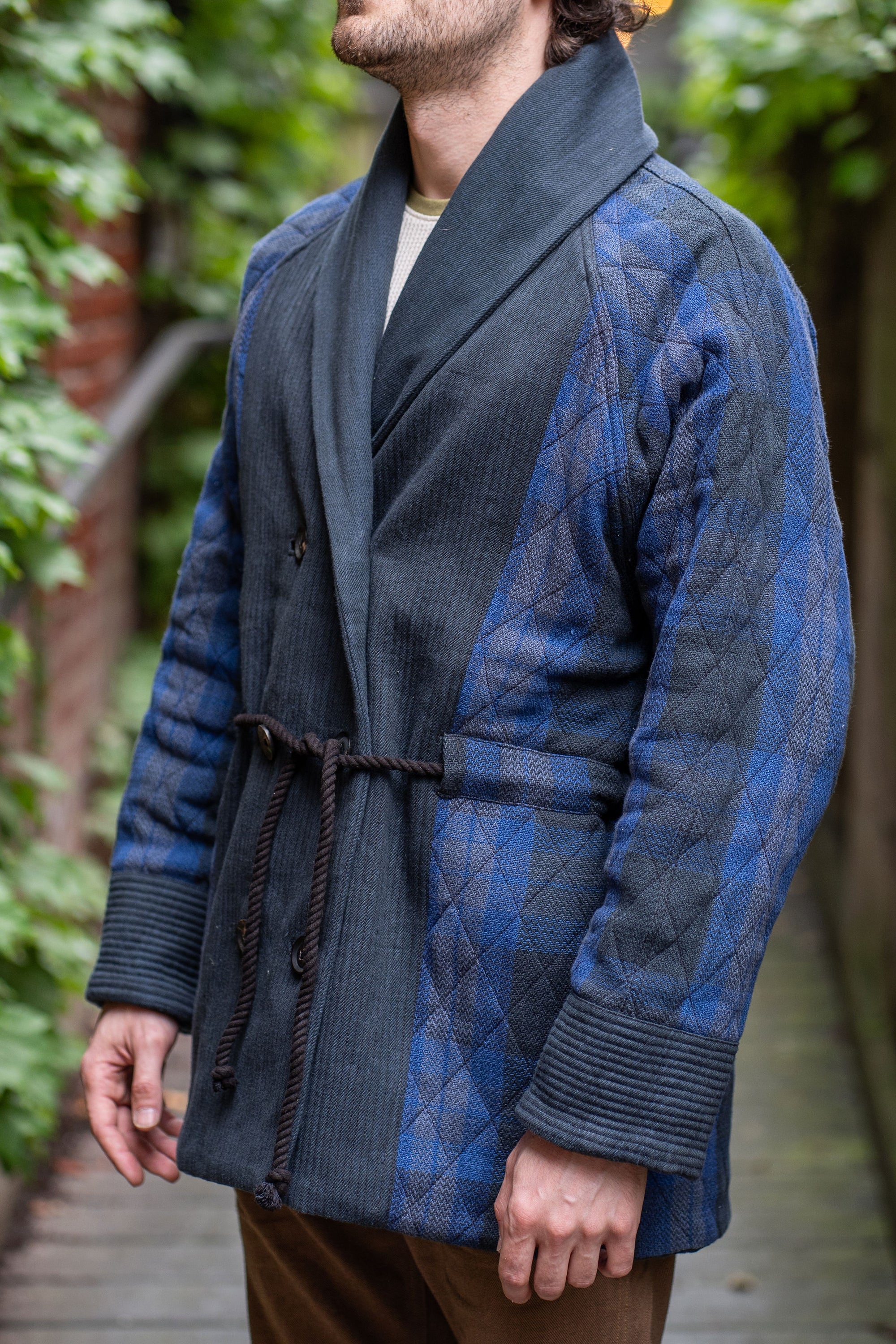 Indi + Ash Reversible Shawl Overcoat - Iron/Indigo Handwoven Denim/Plaid