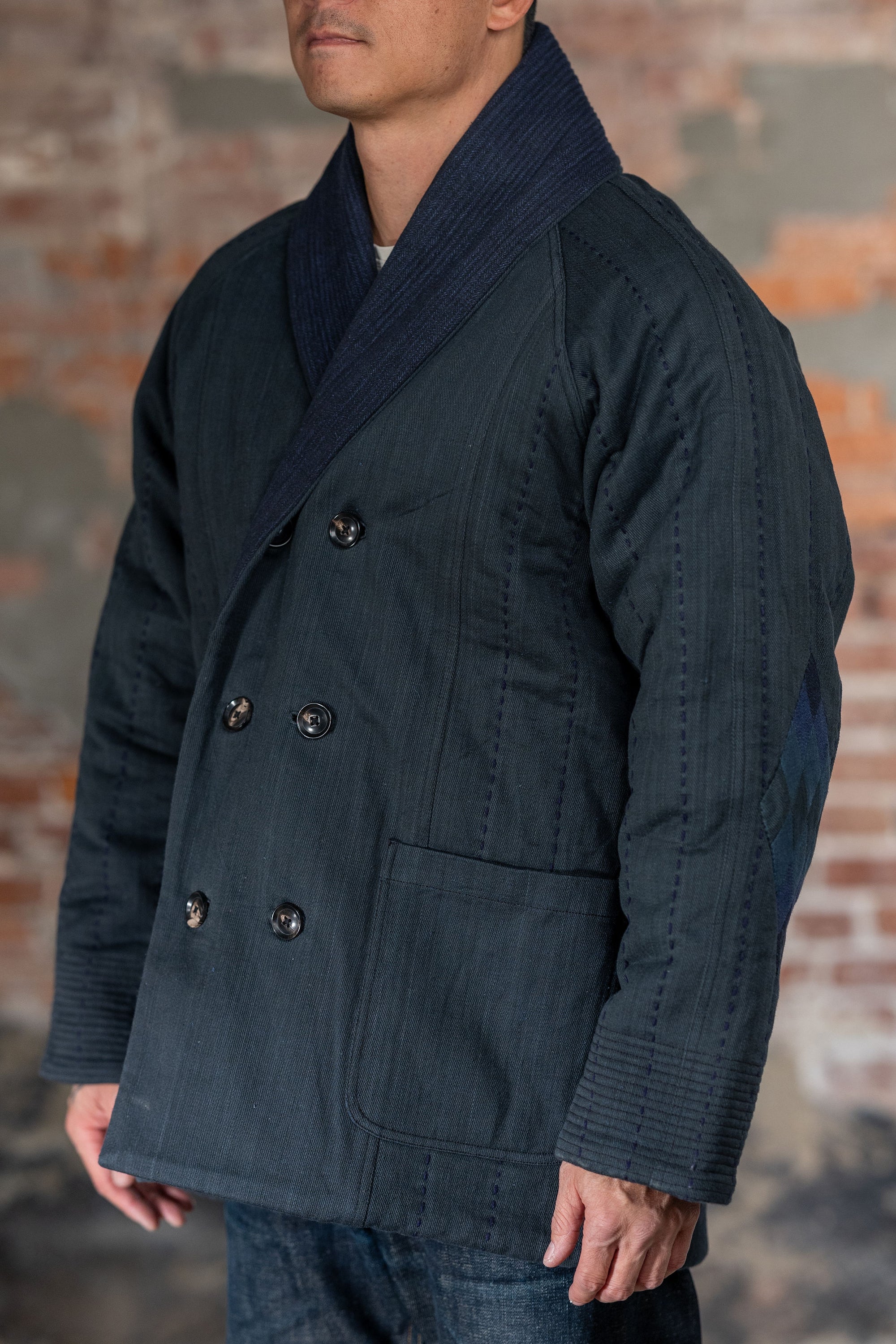 Indi + Ash Reversible Morning Shawl Overcoat - Iron/Indigo Handwoven Denim/Embroidered Military Herringbone