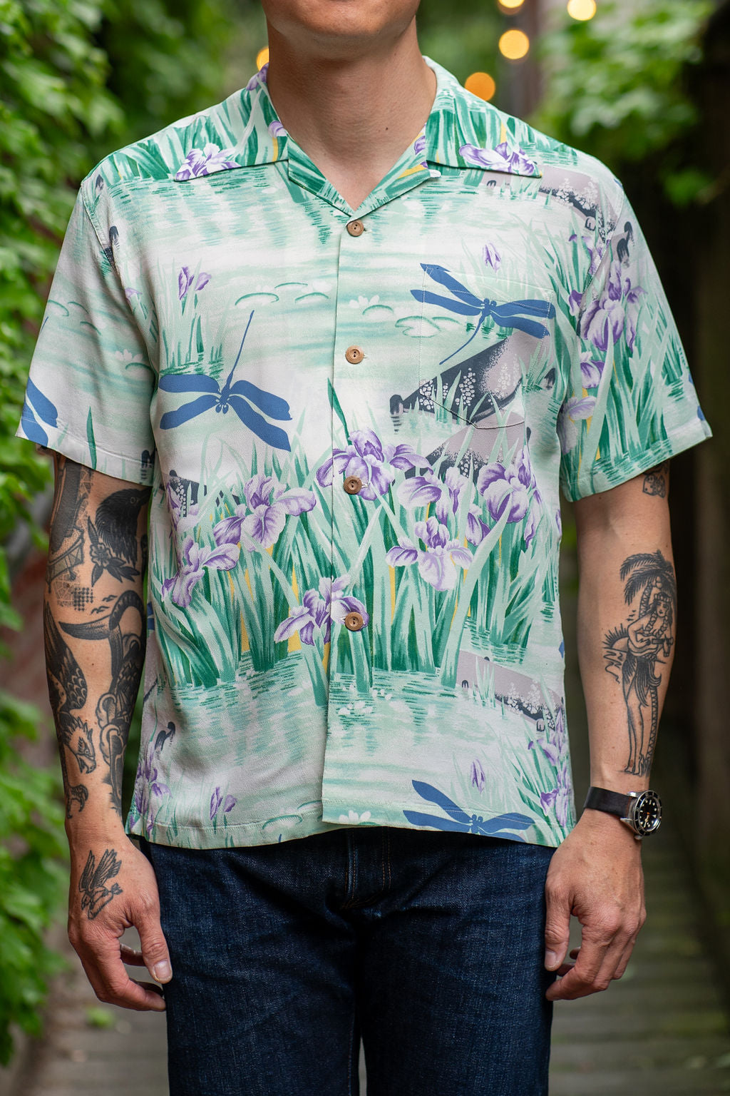 Sun Surf Rayon Hawaiian Shirt "Iris & Dragonfly" - Blue